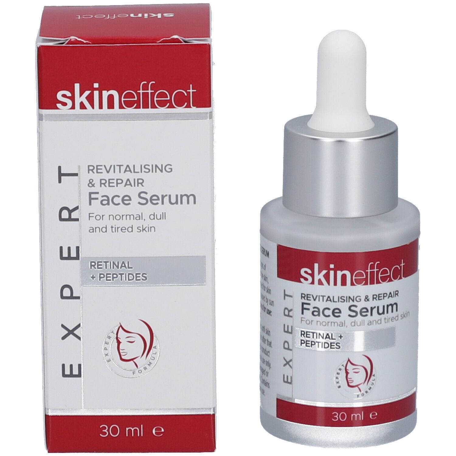 Gesichtsserum-Flasche und Schachtel. Flasche mit Pipette, Schachtel rot-weiß. Text: skin effect, Face Serum, Retinal + Peptides.