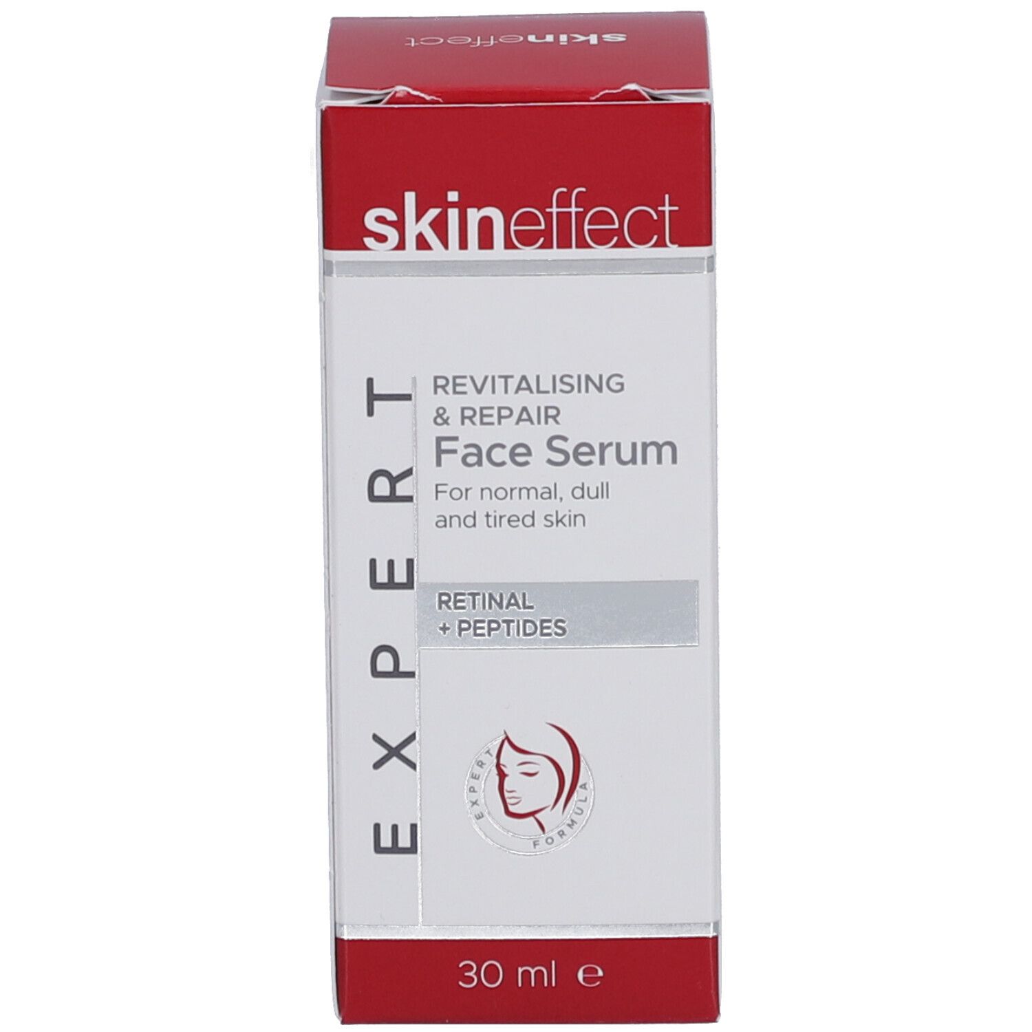 Schachtel für Gesichtsserum. Rot-weiße Schachtel. Text: skin effect, Face Serum, Retinal + Peptides, 30 ml.