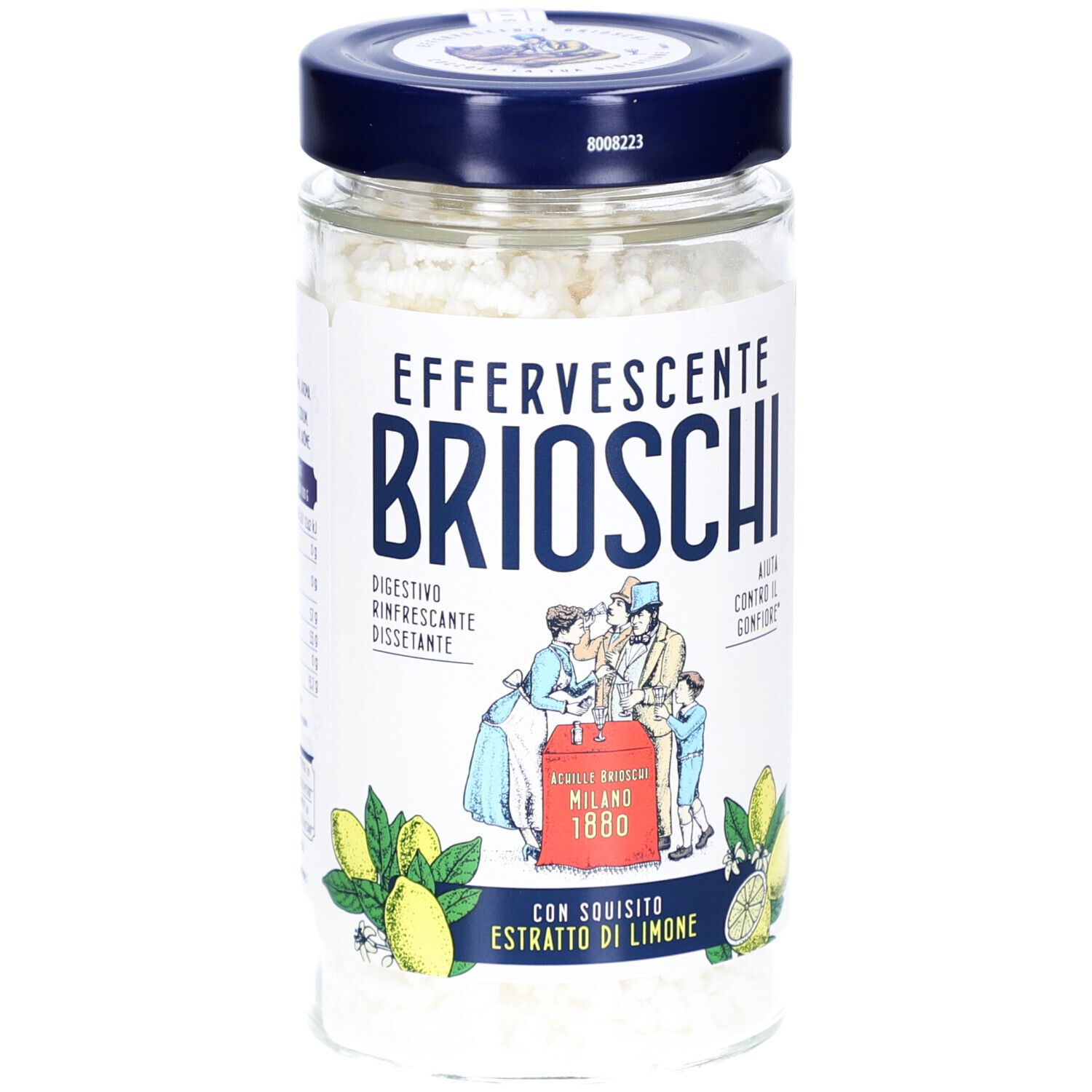 Glasbehälter mit weißen Granulat. Aufschrift: Effervescente Brioschi. Illustration mit Zitronen und Figuren. Deckel blau.