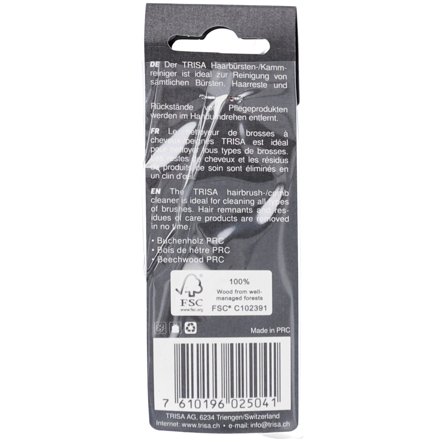 Rückseite der Verpackung. Text in Deutsch, Französisch und Englisch. FSC-Siegel. Barcode und Herstellerinformationen.