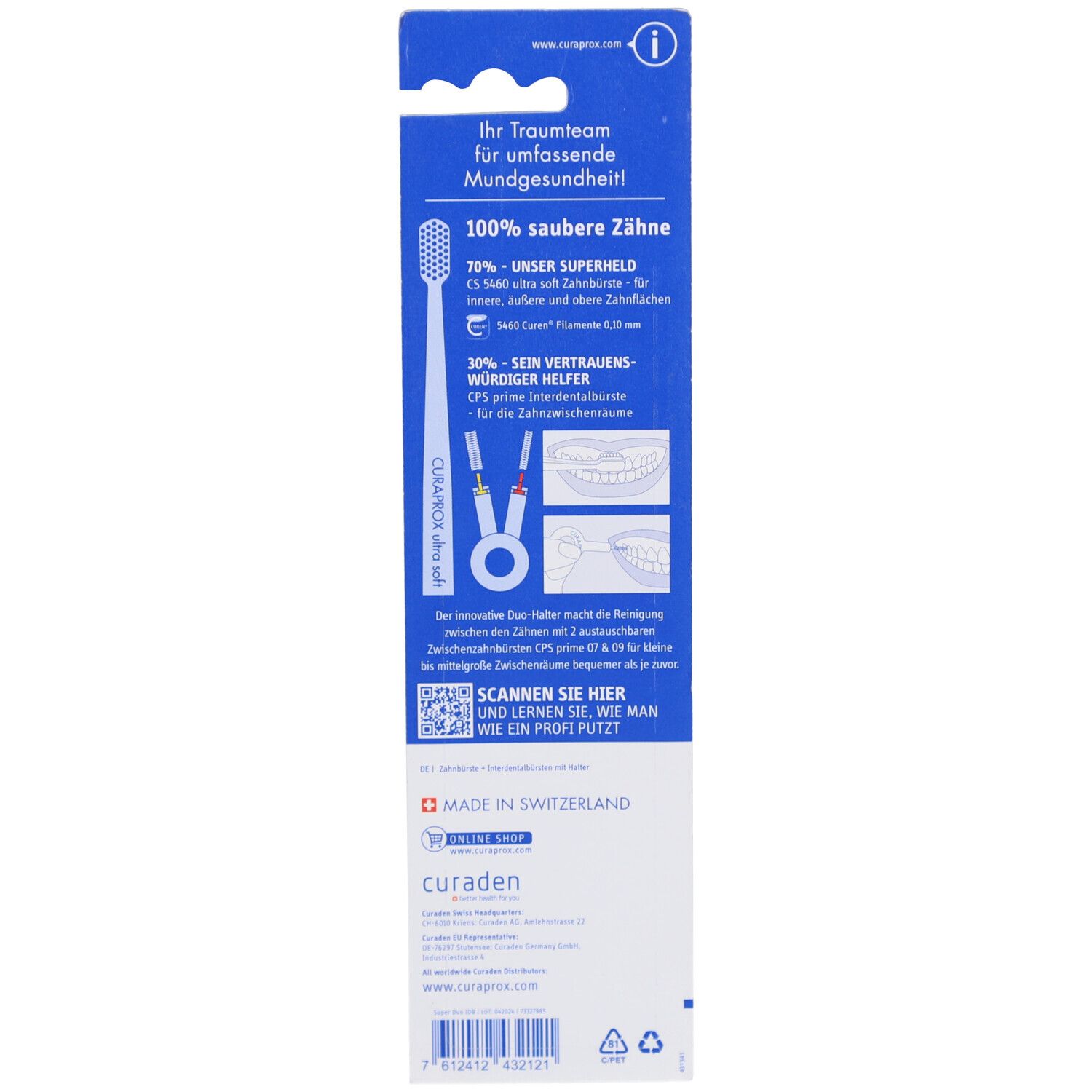 Rückseite der Verpackung mit Text. Enthält Informationen über das Produkt und QR-Code zum Scannen. Hergestellt in der Schweiz.