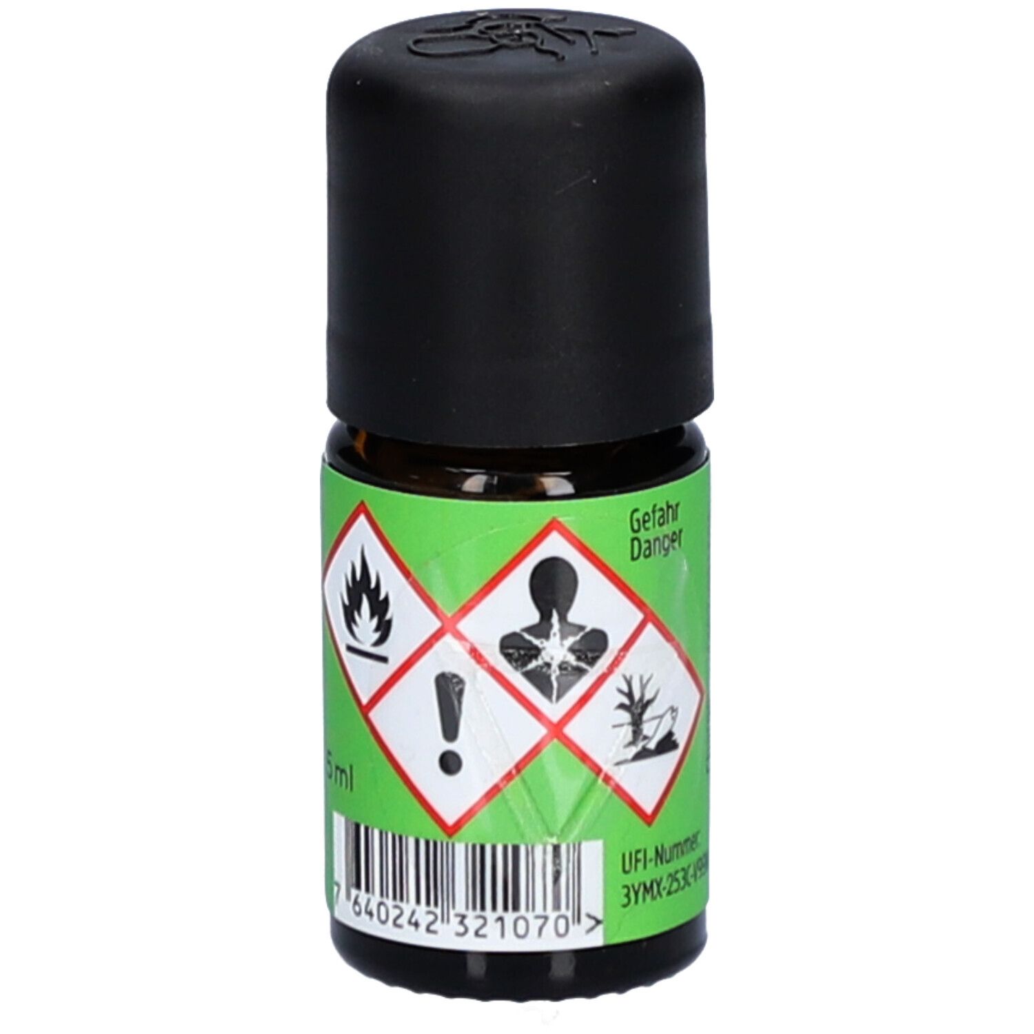 Braune Glasflasche mit schwarzem Deckel. Grünes Etikett mit Gefahrensymbolen und Barcode. UFI-Nummer.