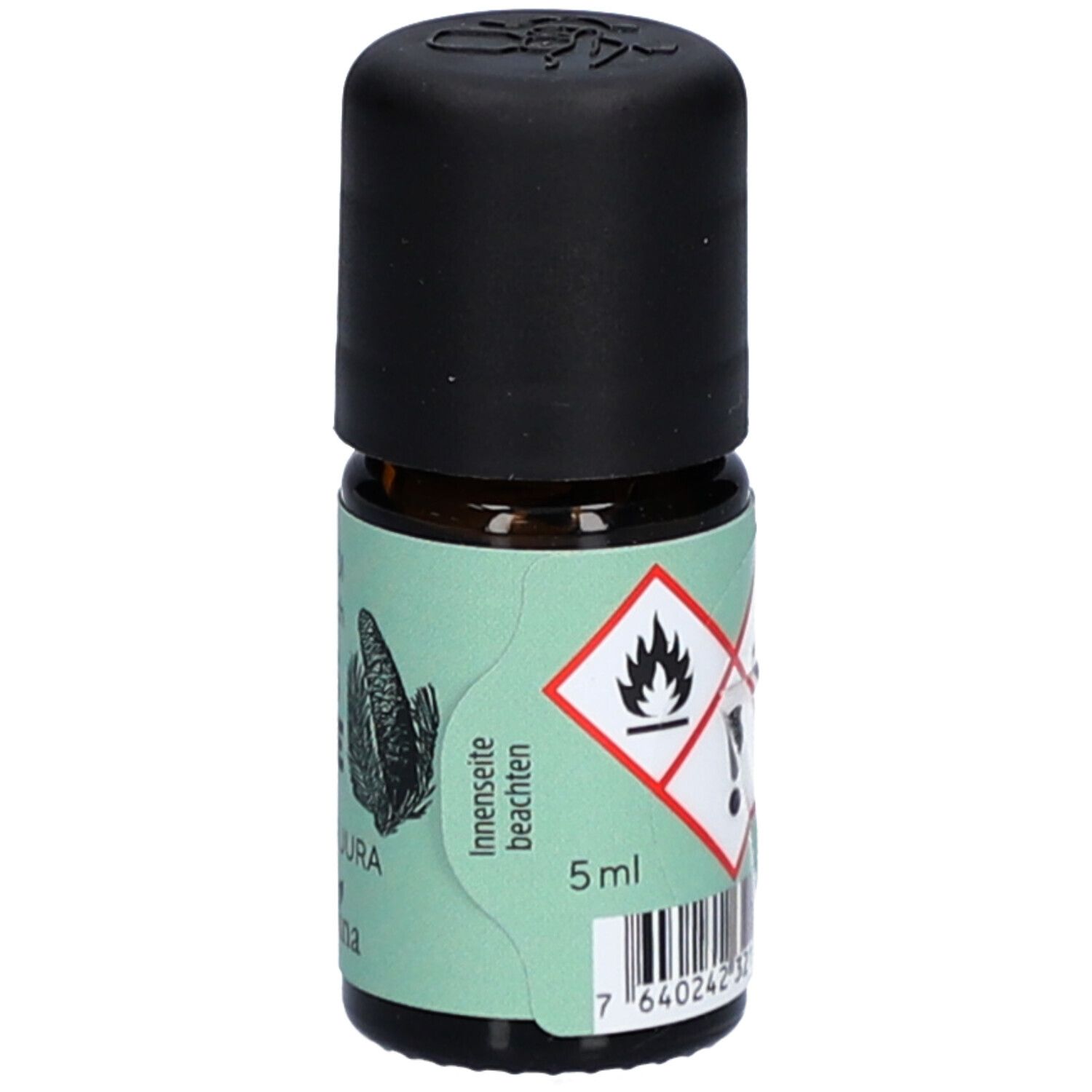 Braune Glasflasche mit schwarzem Deckel. Aufkleber mit Gefahrensymbolen, Text und Barcode. Volumen: 5 ml.