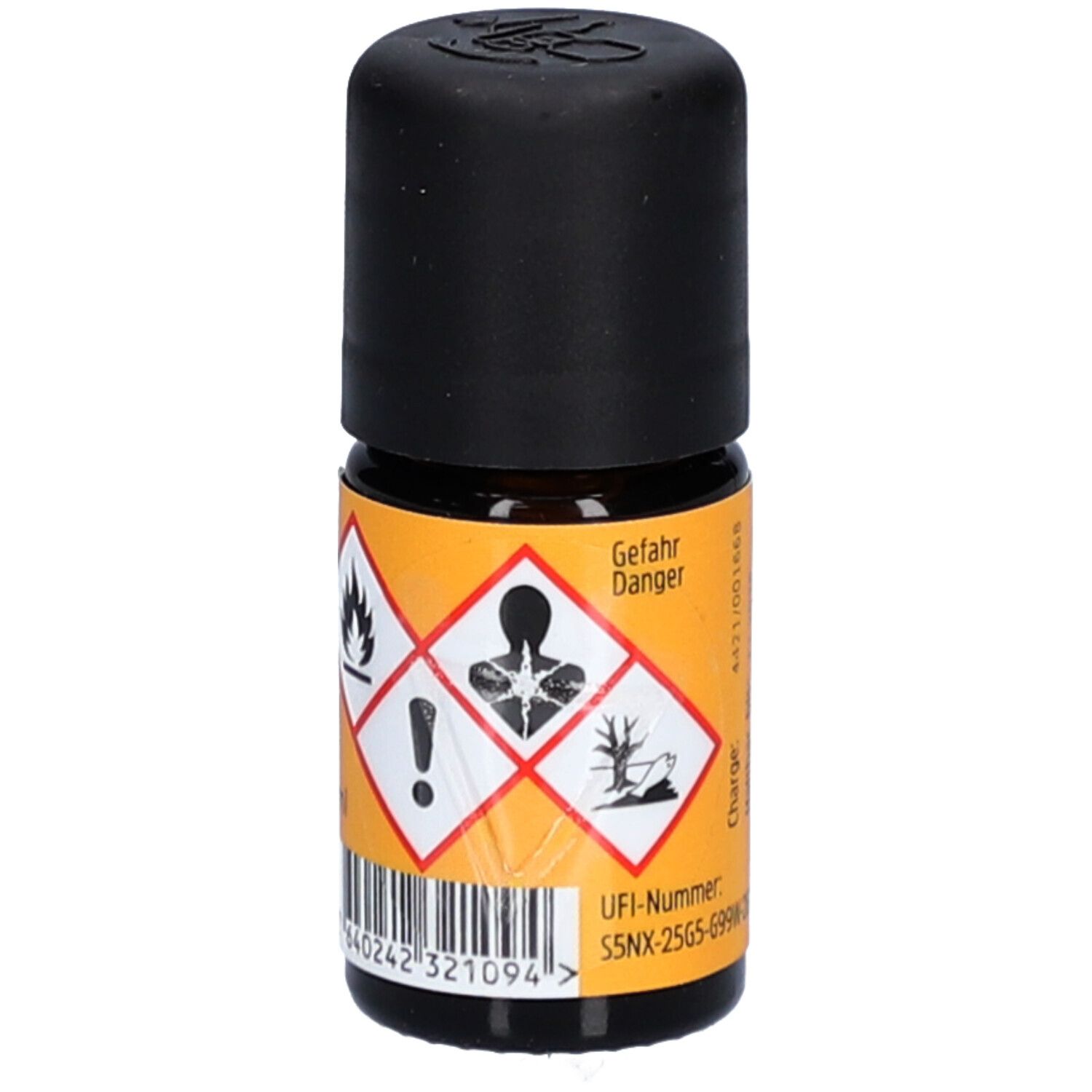 Braune Glasflasche mit schwarzem Deckel. Gelbes Etikett mit Warnsymbolen. UFI-Nummer und Barcode.