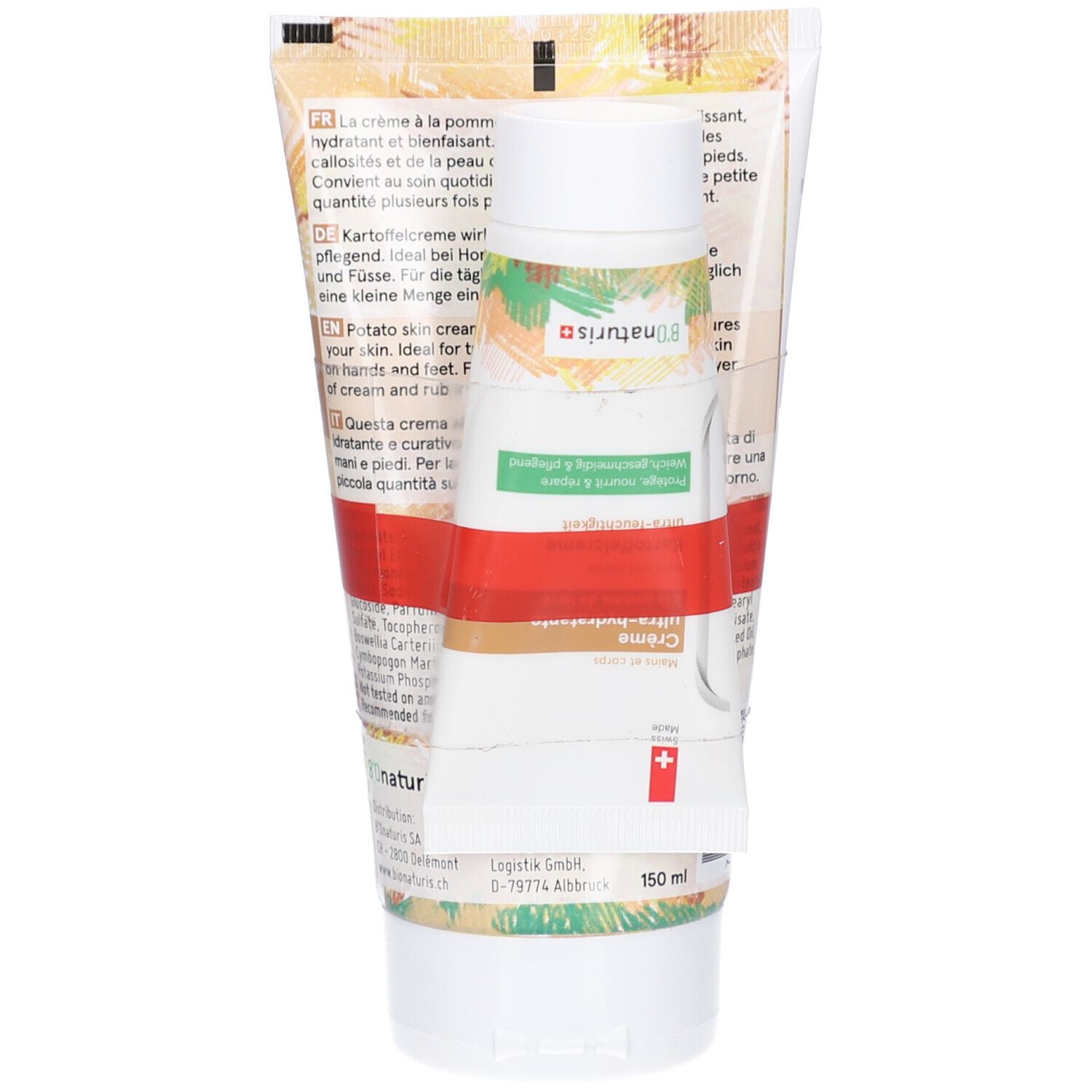 Creme-Tube mit kleiner Tube. Text: Crème à la pomme de terre, Kartoffelcreme. Schweizer Kreuz. Duo Pack.
