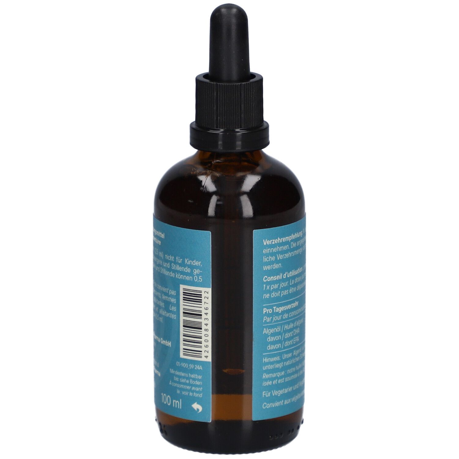 Rückseite der braunen Glasflasche. Etikett mit Informationen, Inhaltsangaben und Herstelleradresse. 100 ml.