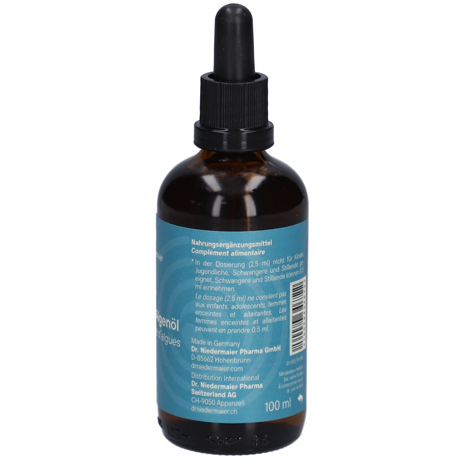 Braune Glasflasche mit schwarzem Tropfer. Etikett mit Produktnamen, Marke und Inhaltsstoffen. Orangefarbene Schrift. 100 ml.