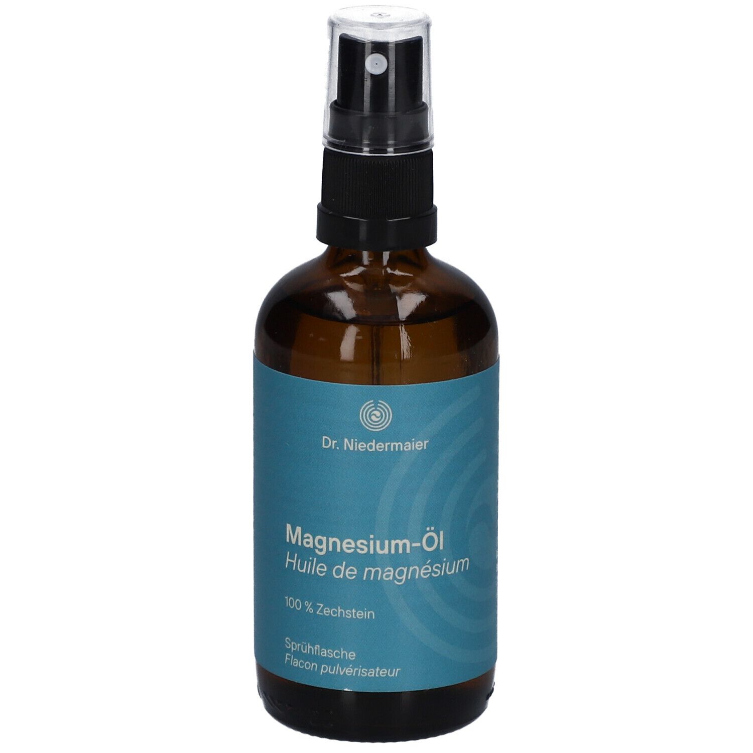 Flacon pulvérisateur brun avec étiquette bleue. Inscription: Magnesium-Öl, Dr. Niedermaier. Avec pulvérisateur.