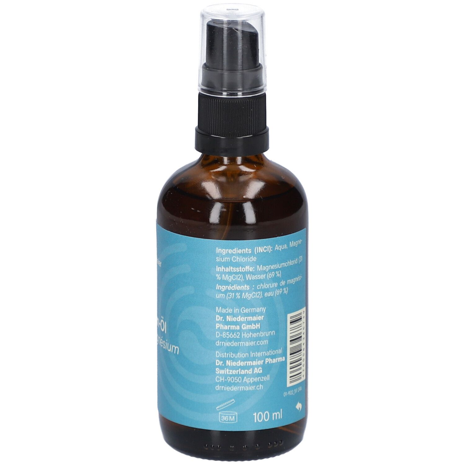 Flacon pulvérisateur brun avec étiquette bleue. Texte: Ingrédients, 100 ml. Avec pulvérisateur.