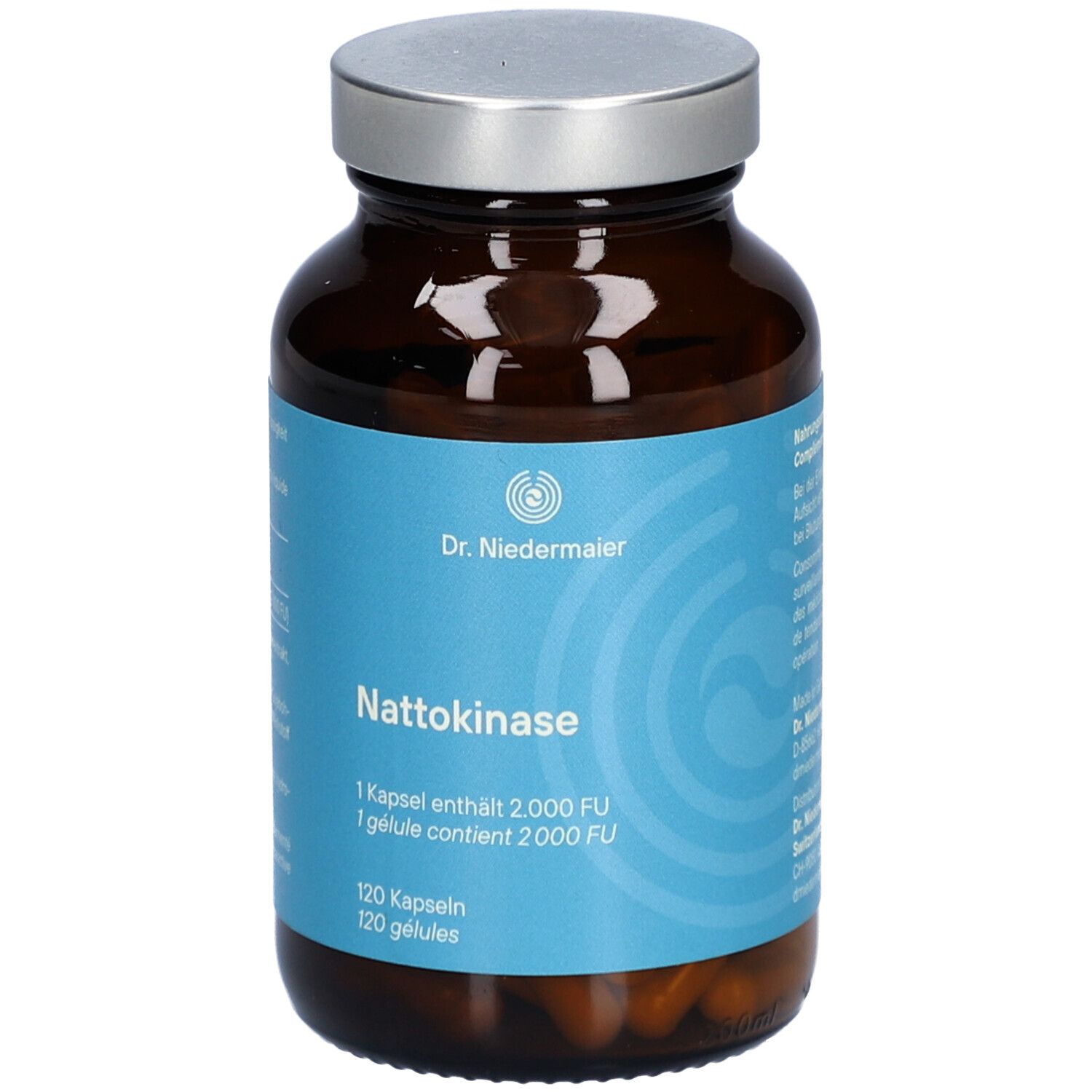Braune Glasflasche mit silbernem Deckel. Etikett mit Produktnamen Nattokinase und Dr. Niedermaier Logo. 120 Kapseln.