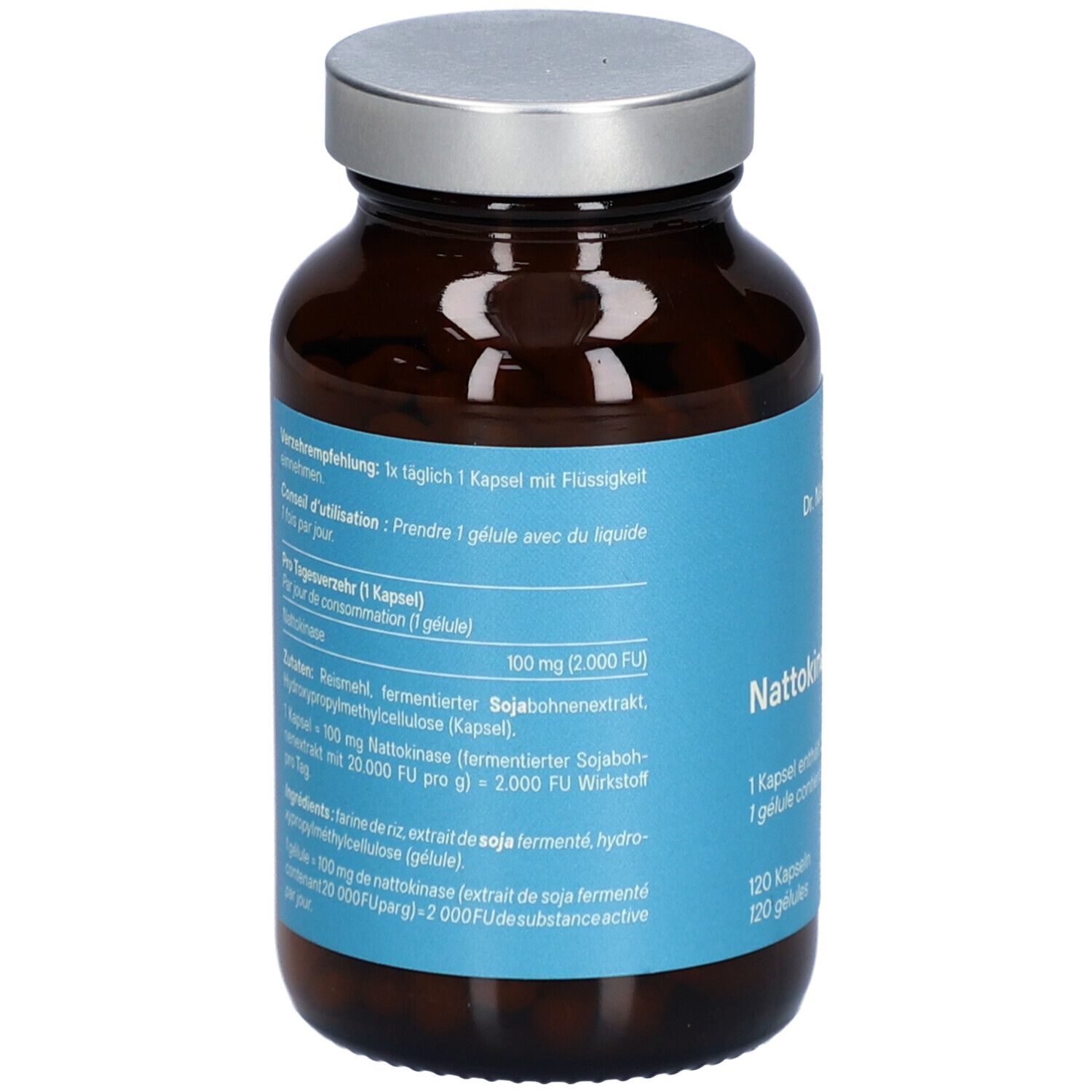 Rückseite der braunen Glasflasche. Etikett mit Inhaltsstoffen und Dosierung. Enthält Nattokinase, Sojabohnenextrakt und weitere Inhaltsstoffe.