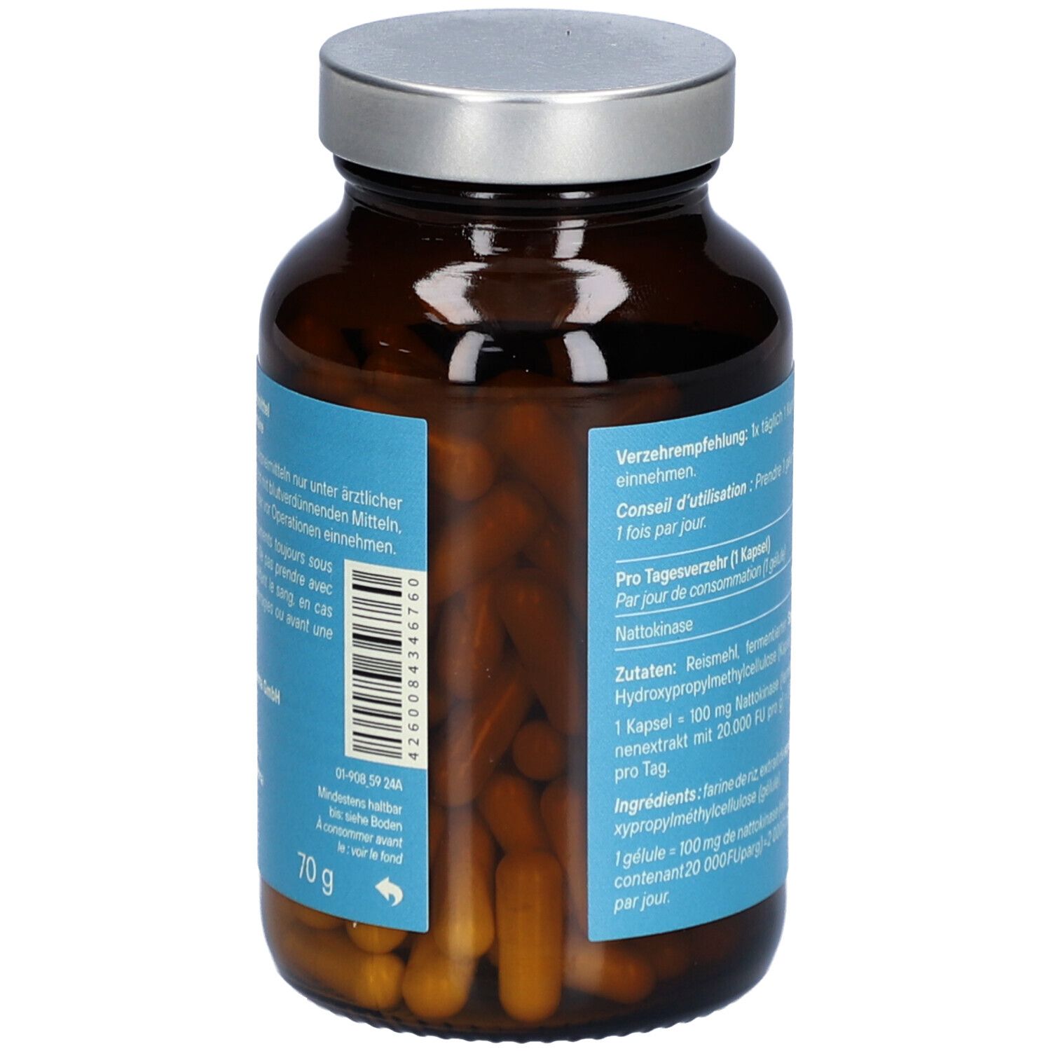 Braune Glasflasche mit Kapseln. Etikett mit Produktinformationen. Enthält 120 Kapseln. Barcode und Herstellerinformationen.