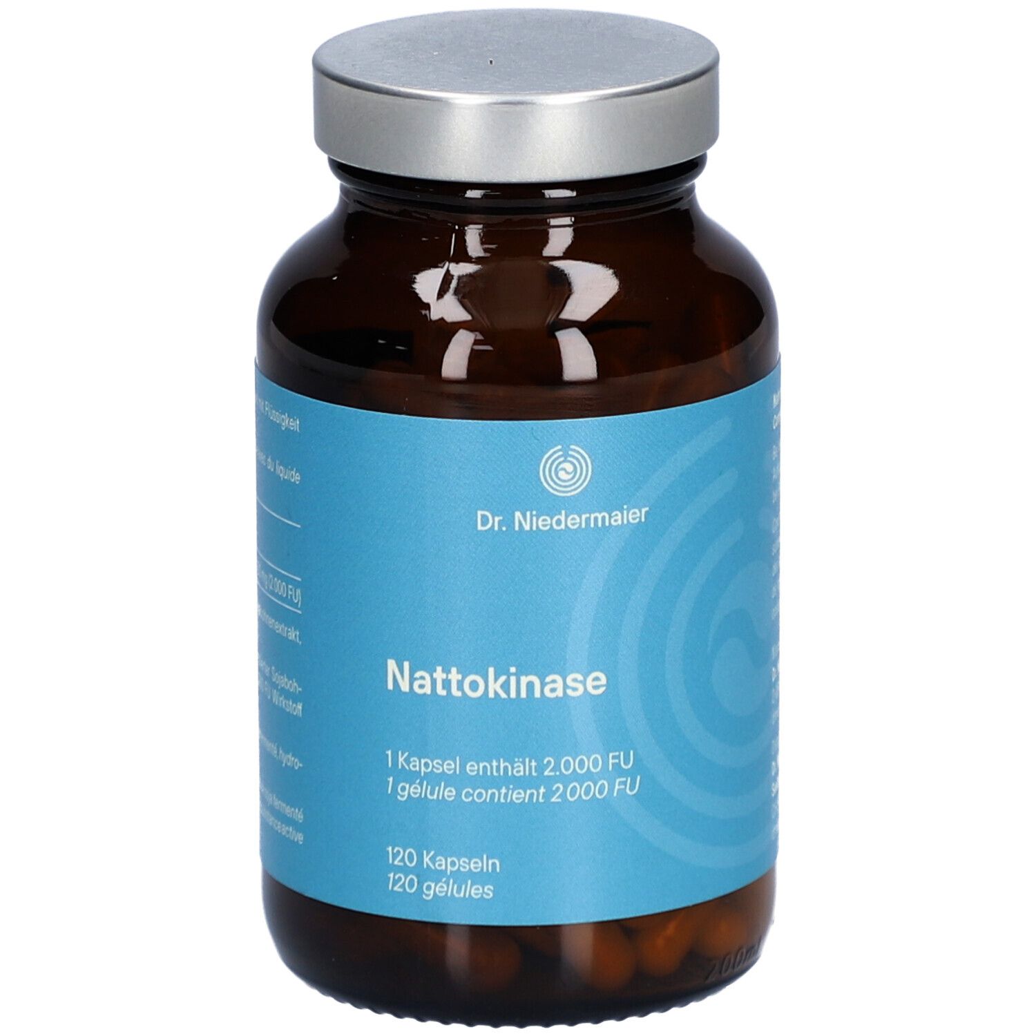 Braune Glasflasche mit silbernem Deckel. Etikett mit Produktnamen Nattokinase und Dr. Niedermaier Logo. 120 Kapseln.
