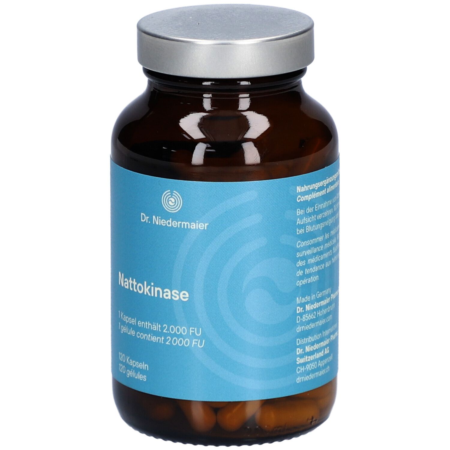 Braune Glasflasche mit silbernem Deckel. Etikett mit Produktnamen Nattokinase und Dr. Niedermaier Logo. 120 Kapseln.