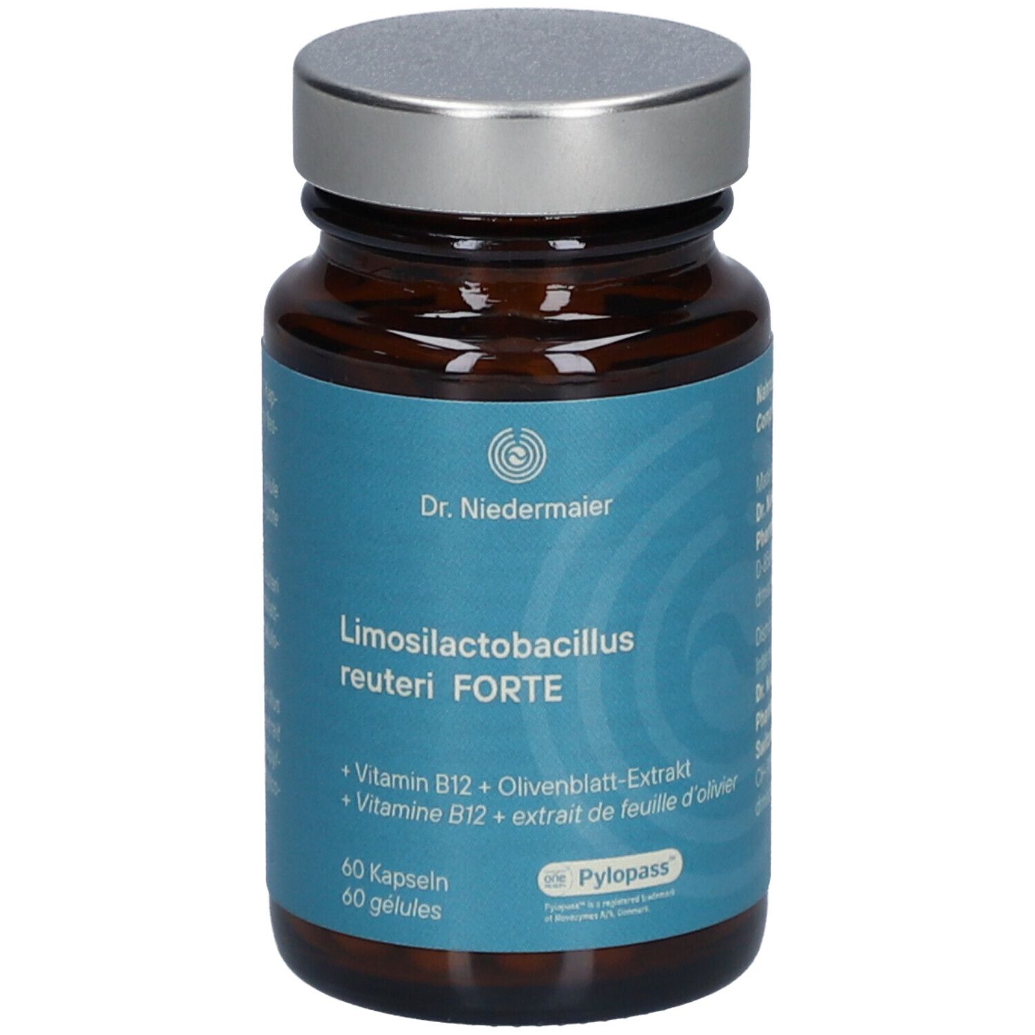 Flacon en verre brun avec couvercle argenté. Inscription : Dr. Niedermaier, Limosilactobacillus reuteri FORTE, 60 gélules. Étiquettes bleues.