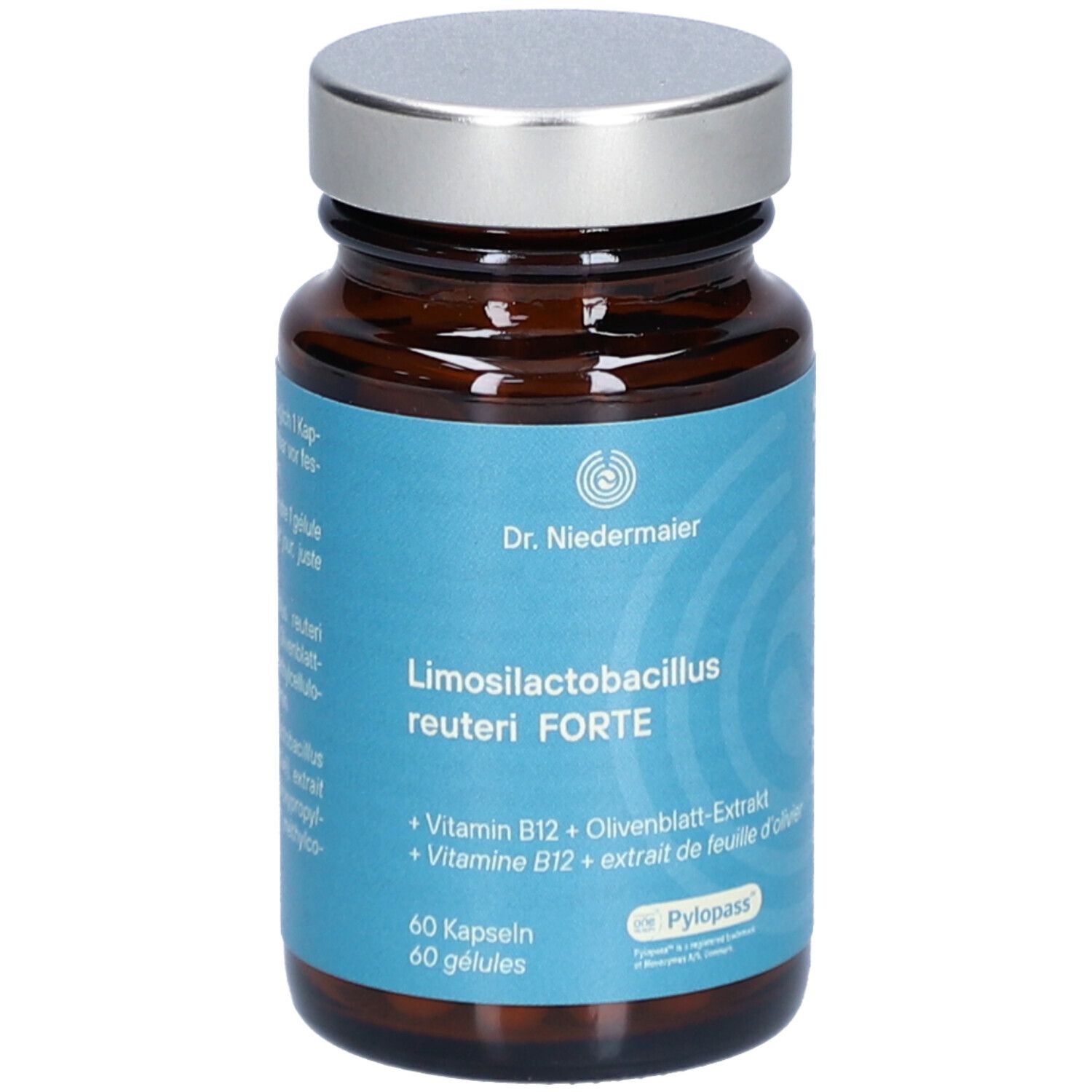 Flacon en verre brun avec couvercle argenté. Inscription : Dr. Niedermaier, Limosilactobacillus reuteri FORTE, 60 gélules. Étiquettes bleues.