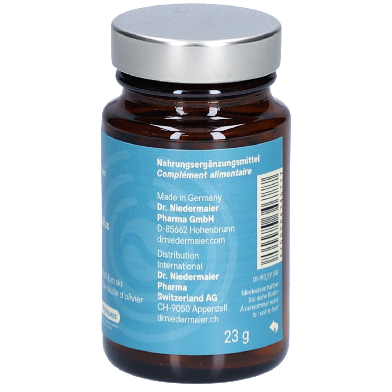 Dos du flacon en verre brun avec couvercle argenté. Texte : Complément alimentaire, fabricant, distribution. 23g.