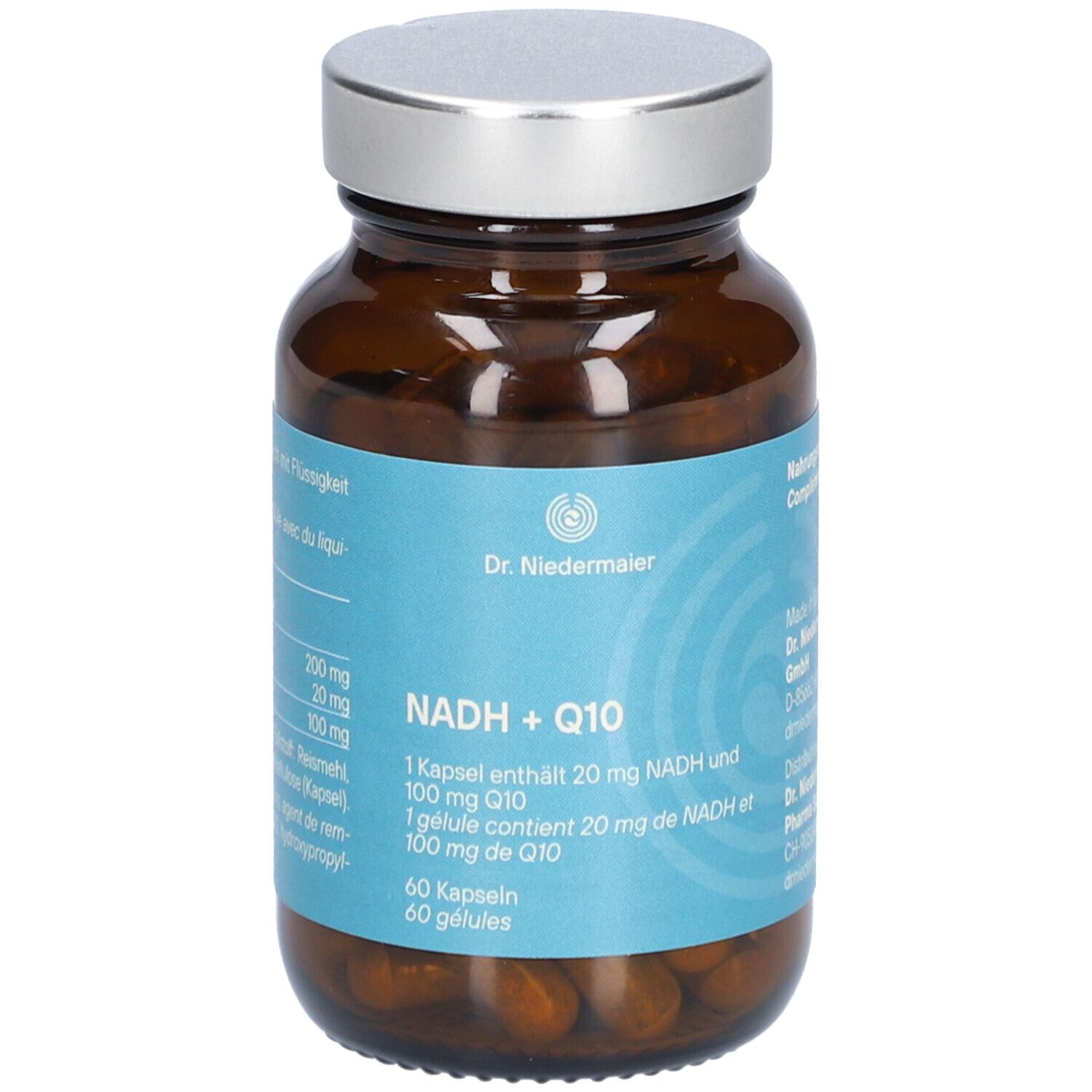 Braune Glasflasche mit silbernem Deckel. Aufschrift: Dr. Niedermaier NADH + Q10. 60 Kapseln.