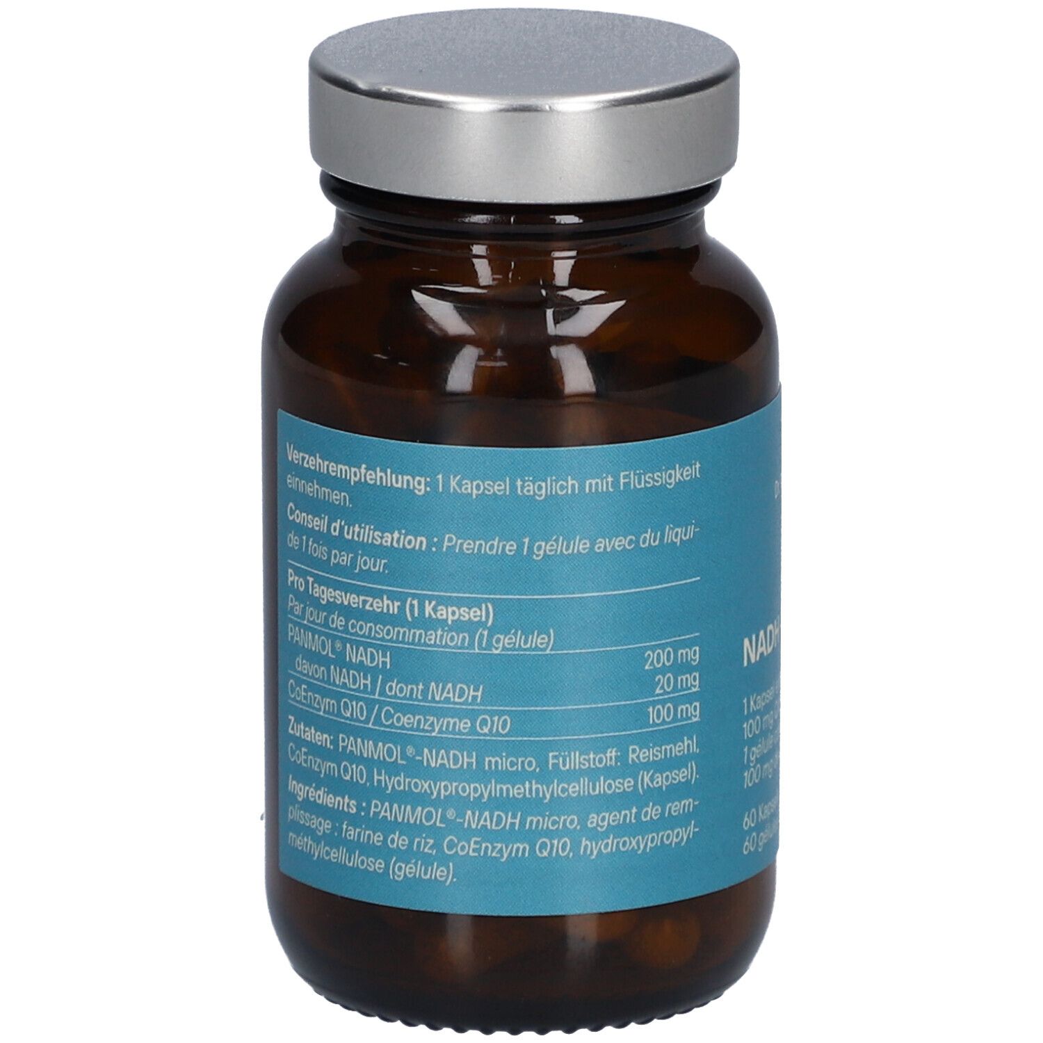 Braune Glasflasche mit silbernem Deckel. Rückseite mit Produktinformationen. Enthält 60 Kapseln.