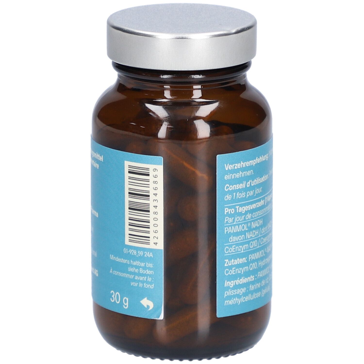 Braune Glasflasche mit silbernem Deckel. Rückseite mit Barcode und Produktinformationen. 30 g.