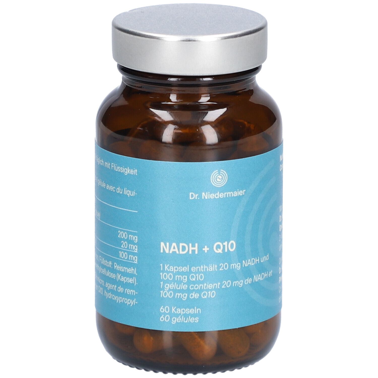 Braune Glasflasche mit silbernem Deckel. Aufschrift: Dr. Niedermaier NADH + Q10. 60 Kapseln.