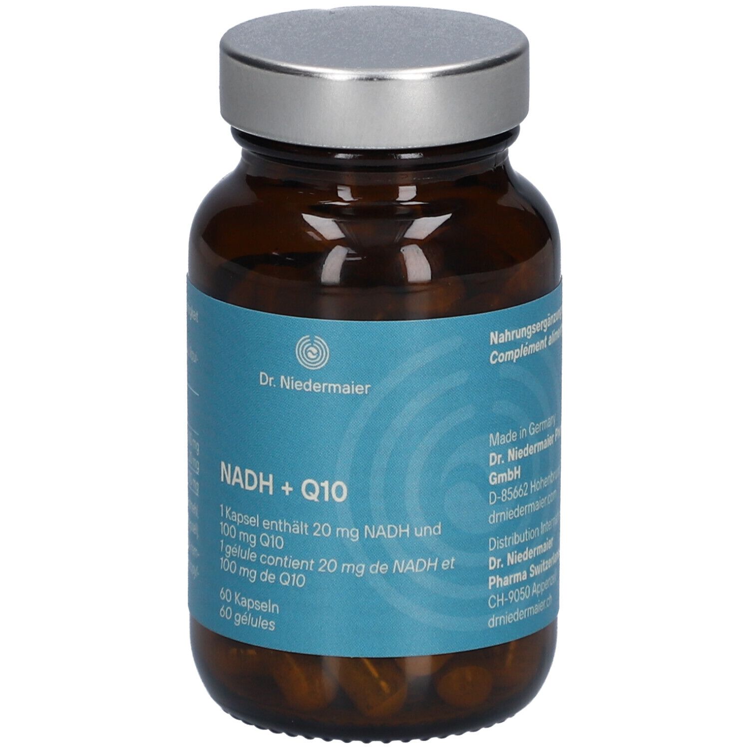 Braune Glasflasche mit silbernem Deckel. Aufschrift: Dr. Niedermaier NADH + Q10. 60 Kapseln.