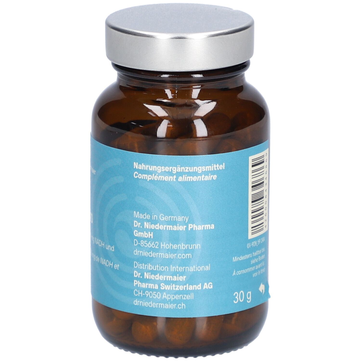 Braune Glasflasche mit silbernem Deckel. Rückseite mit Produktinformationen. 30 g.