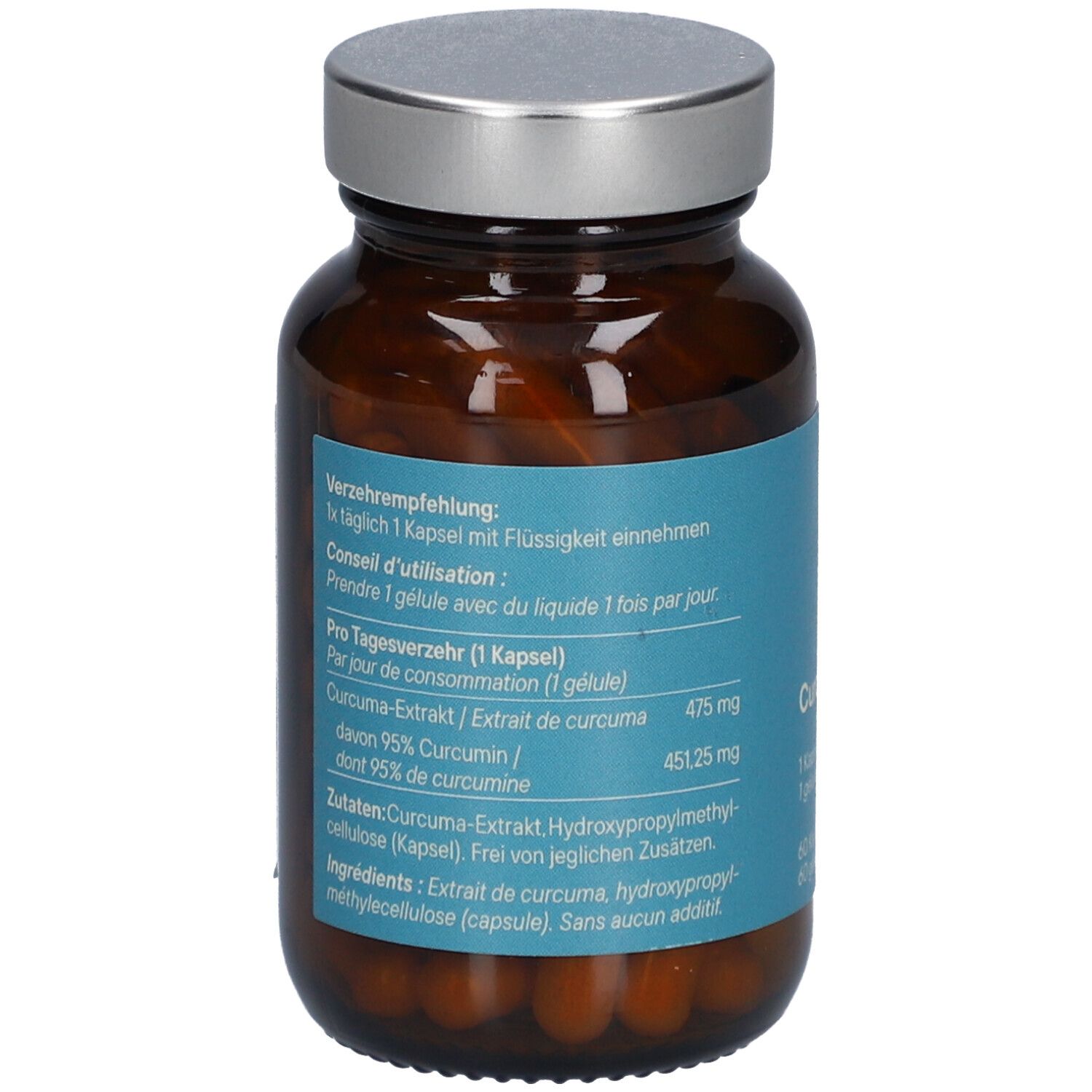 Rückseite der Flasche. Text mit Inhaltsstoffen und Verzehrempfehlung. "Curcuma-Extrakt".