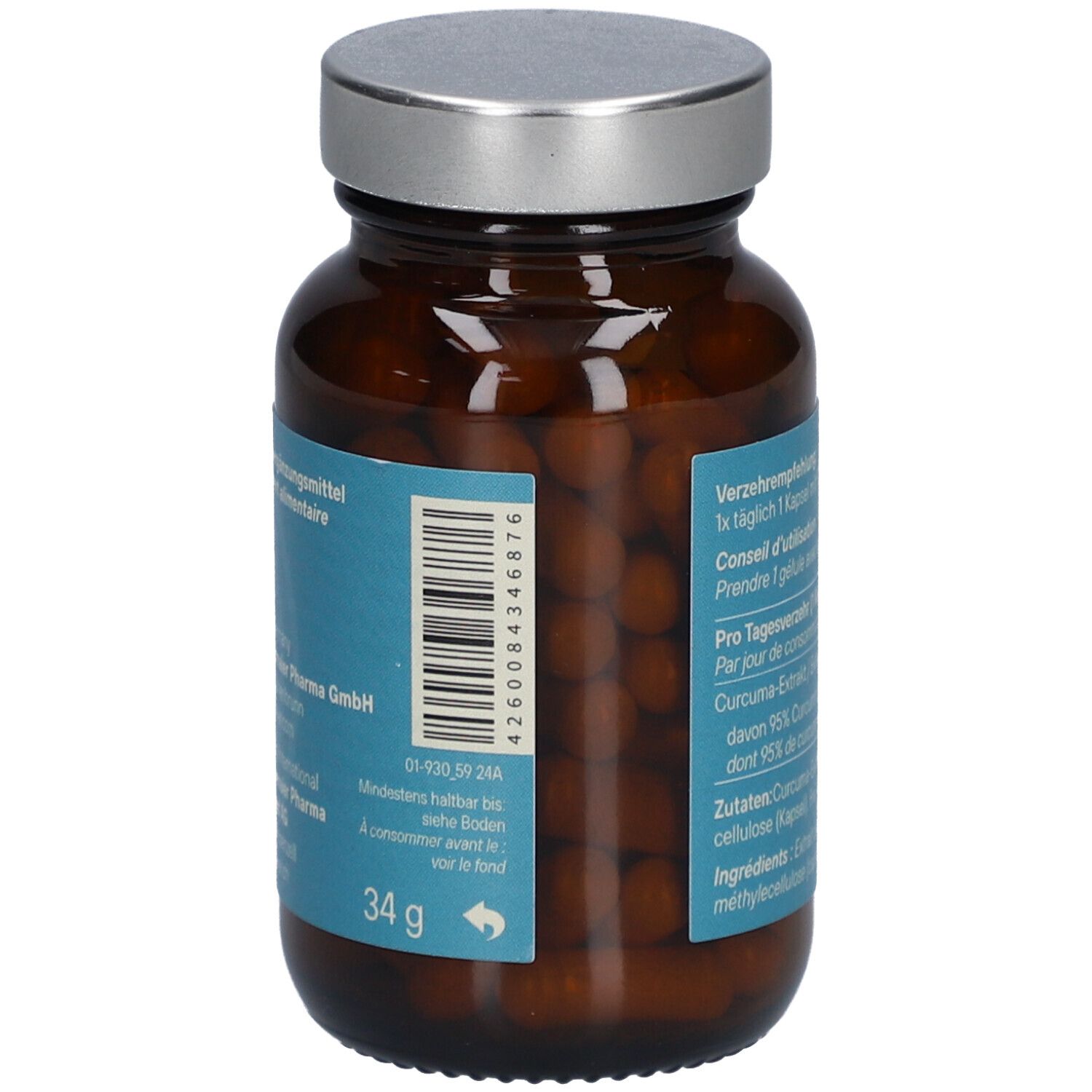 Rückseite der Flasche mit Barcode und Text. "Dr. Niedermaier Pharma GmbH". Gewicht: 34 g.