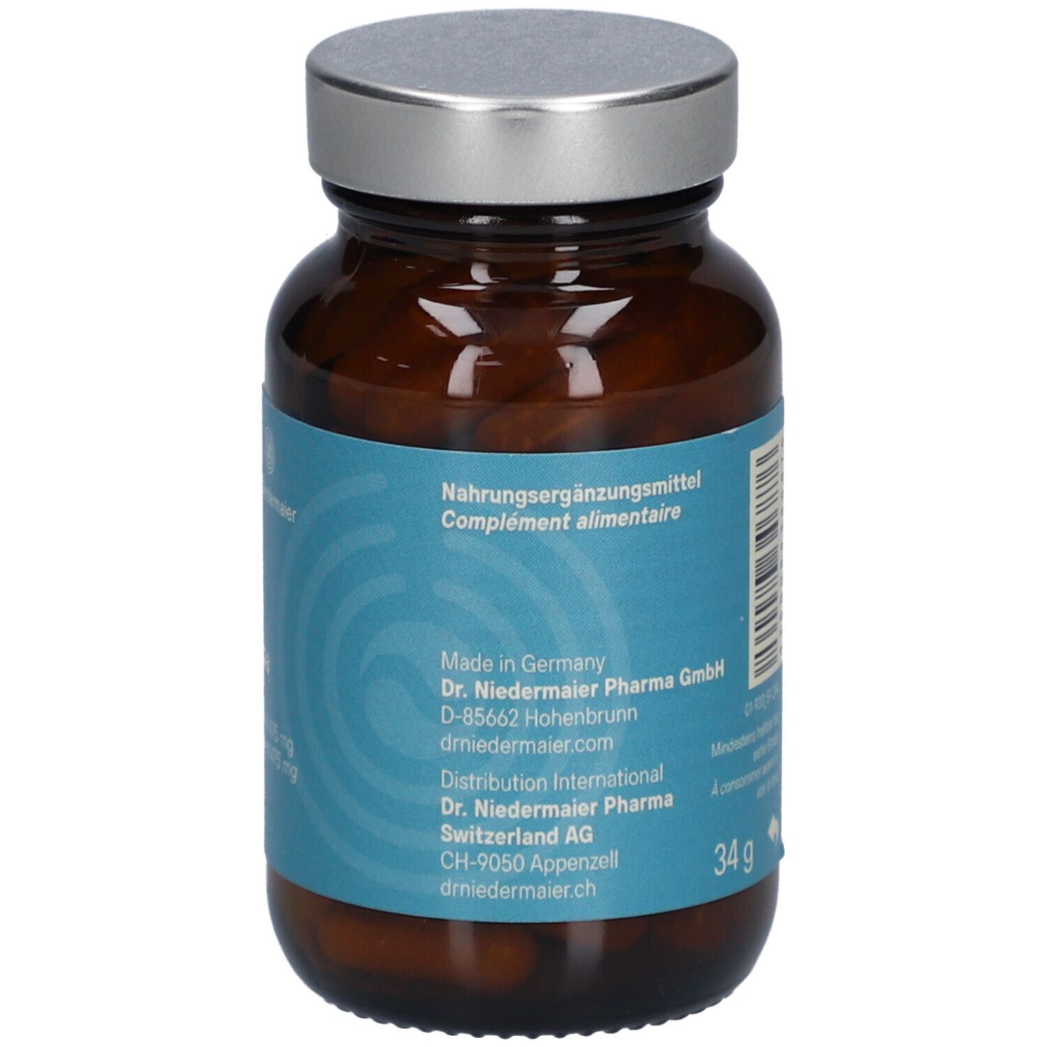Rückseite der Flasche. Text mit Herstellerinformationen. "Dr. Niedermaier Pharma GmbH". Gewicht: 34 g.