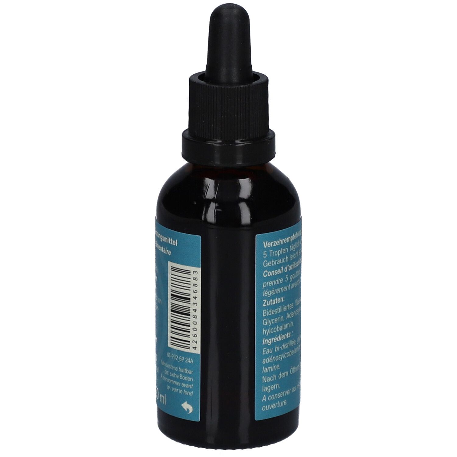 Braune Glasflasche mit schwarzem Verschluss und Pipette. Blaues Etikett mit Produktinformationen und Inhaltsstoffen. Text in Deutsch und Französisch.