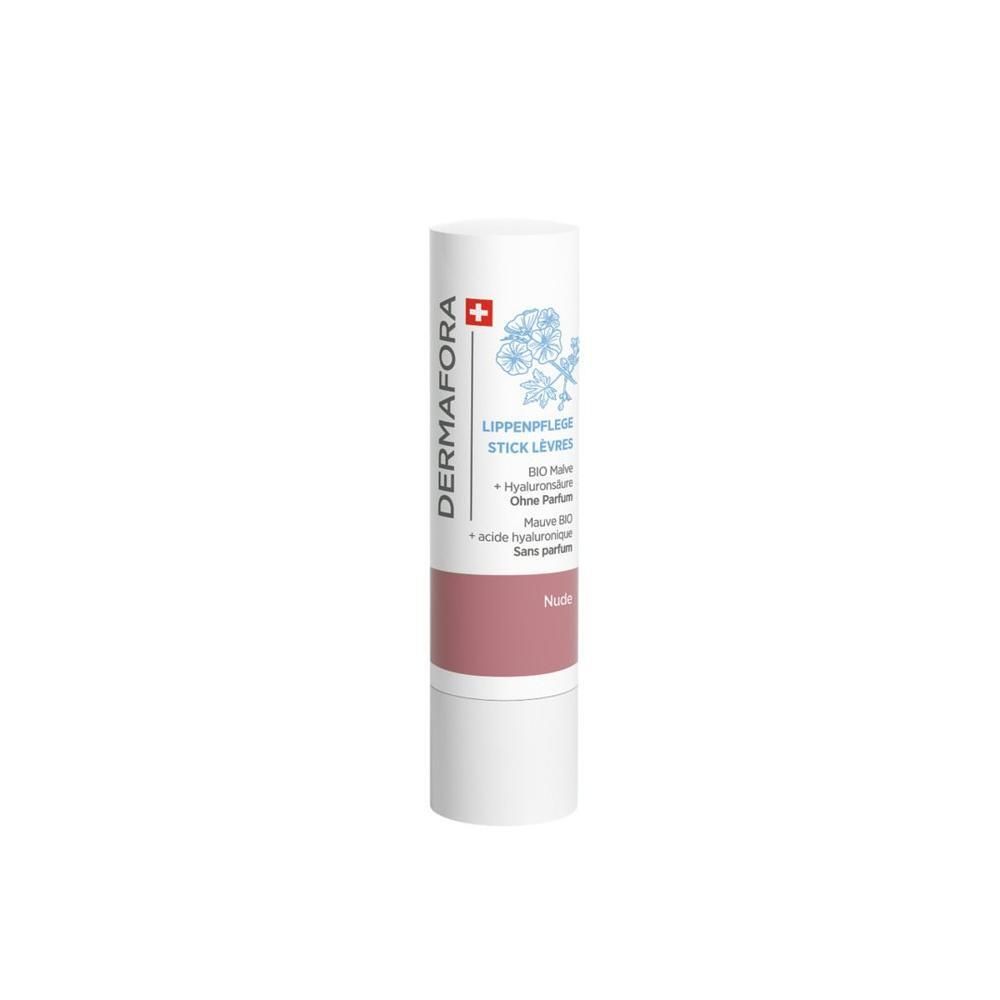 Weißer Lippenpflegestift mit rosa Band. Text: DERMAFORA, Lippenpflege Stick, Nude. Schweizer Kreuz.