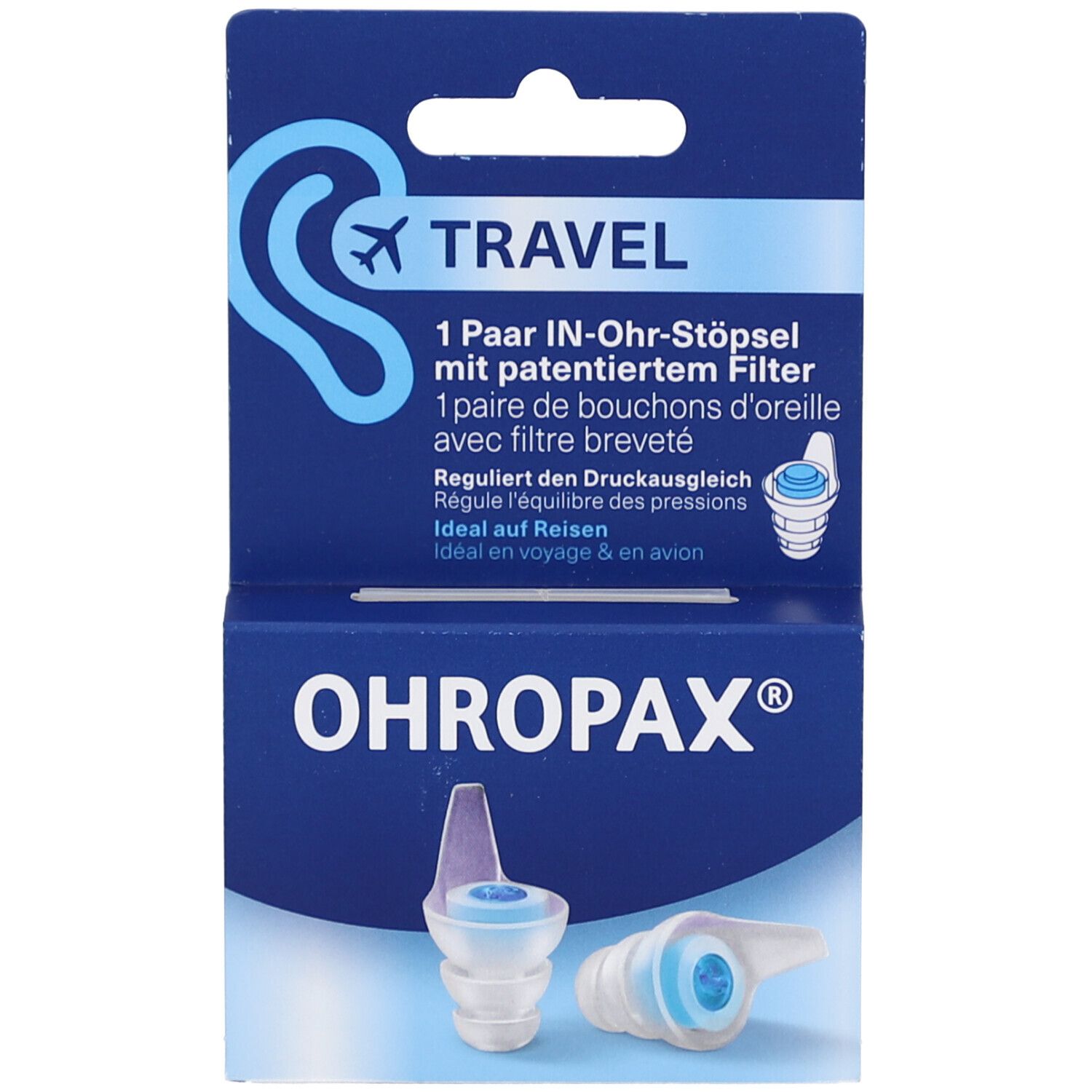 Blau-weiße Verpackung mit Ohrstöpseln. Text: OHROPAX, TRAVEL, 1 Paar In-Ohr-Stöpsel. Abbildung eines Ohres mit Flugzeug.