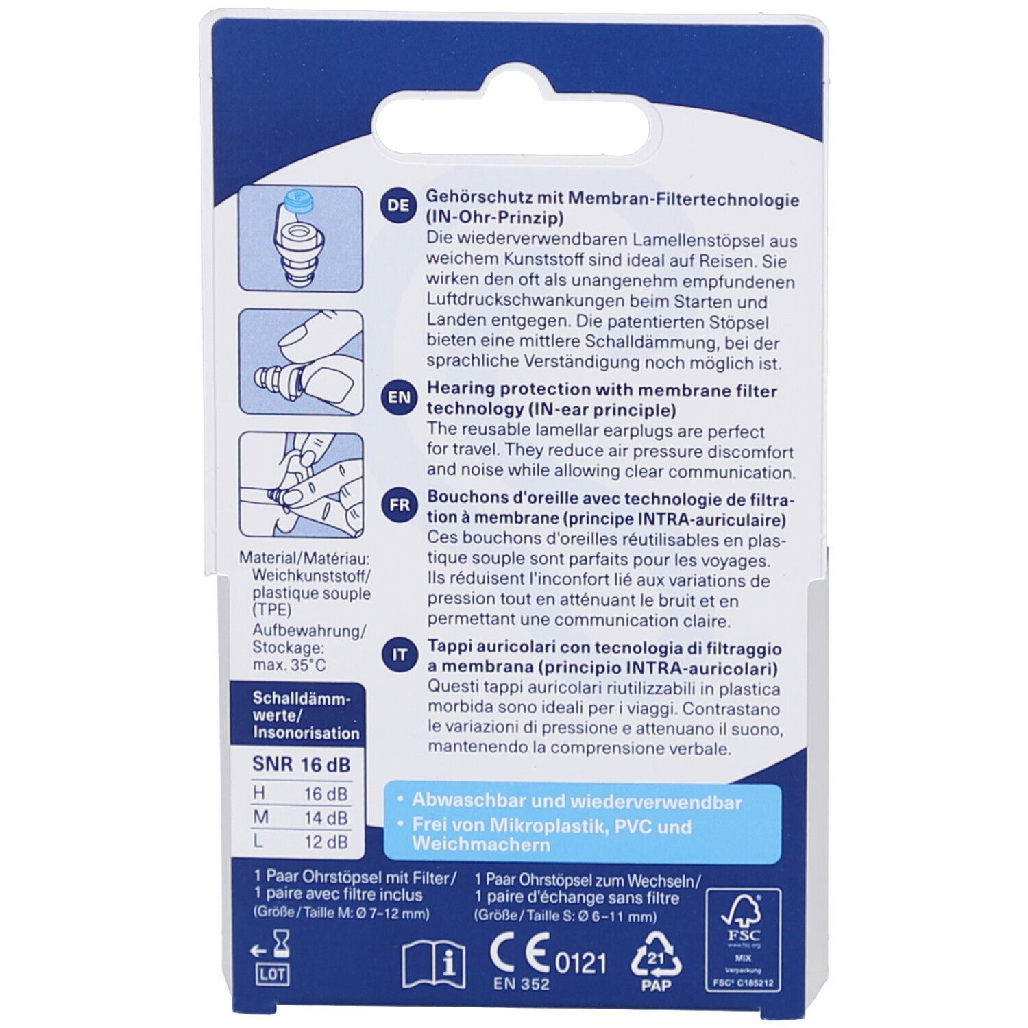Rückseite der Verpackung. Text: Gehörschutz mit Membran-Filtertechnologie. Abbildungen von Ohrstöpseln. Text: SNR 16 dB, waschbar, wiederverwendbar.