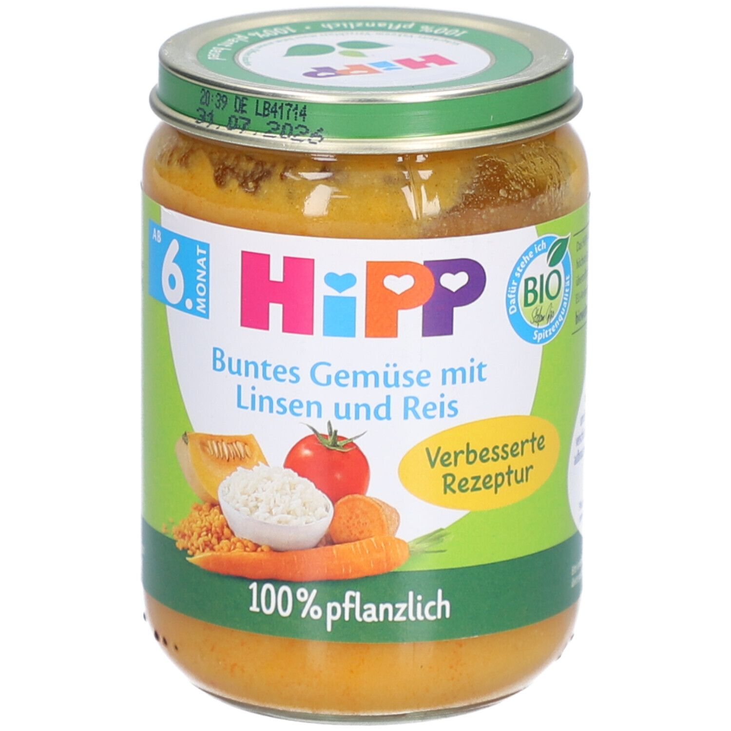 Glas mit HiPP Buntes Gemüse mit Linsen und Reis. 100% pflanzlich. Ab 6 Monaten. Bio-Siegel.