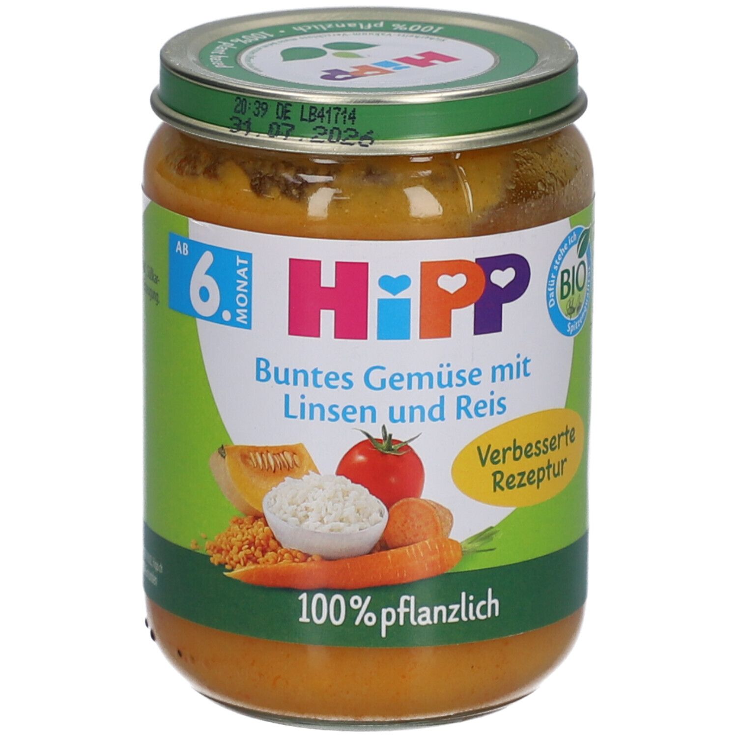 Glas mit HiPP Buntes Gemüse mit Linsen und Reis. 100% pflanzlich. Ab 6 Monaten. Bio-Siegel.
