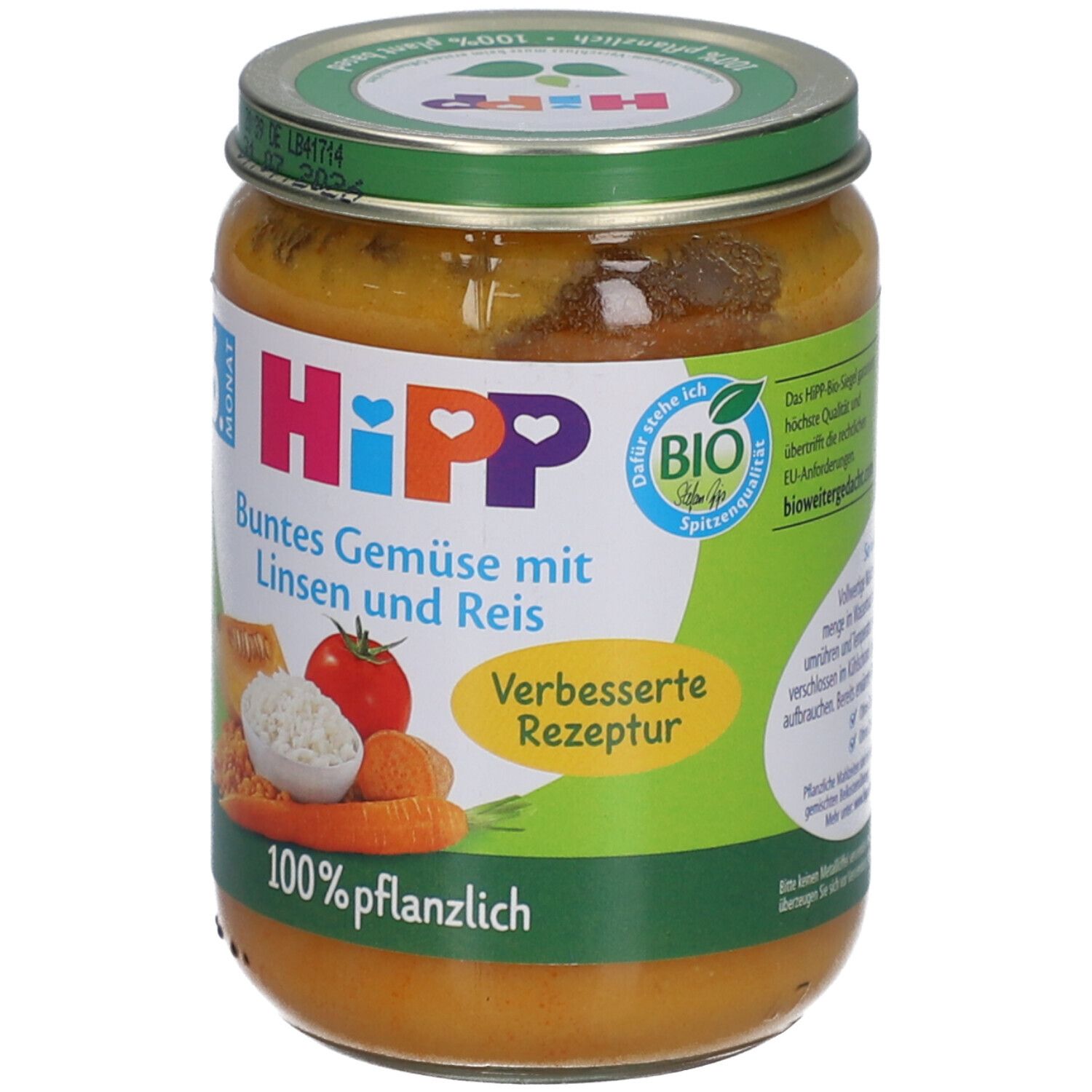 Glas mit HiPP Buntes Gemüse mit Linsen und Reis. 100% pflanzlich. Ab 6 Monaten. Bio-Siegel.