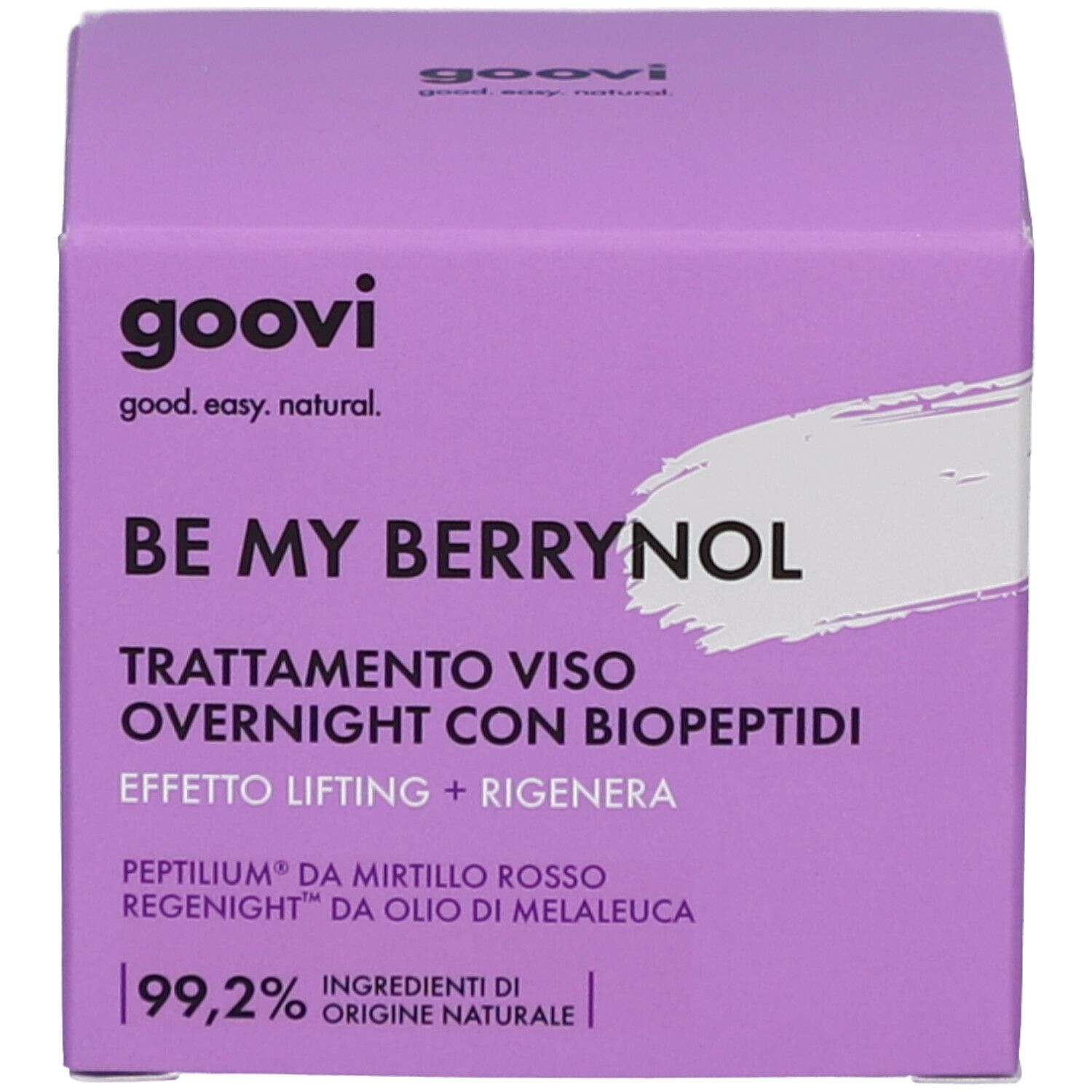 Produktverpackung. Aufschrift: goovi, BE MY BERRYNOL, Trattamento viso overnight con biopeptidi. Lila und weiß.