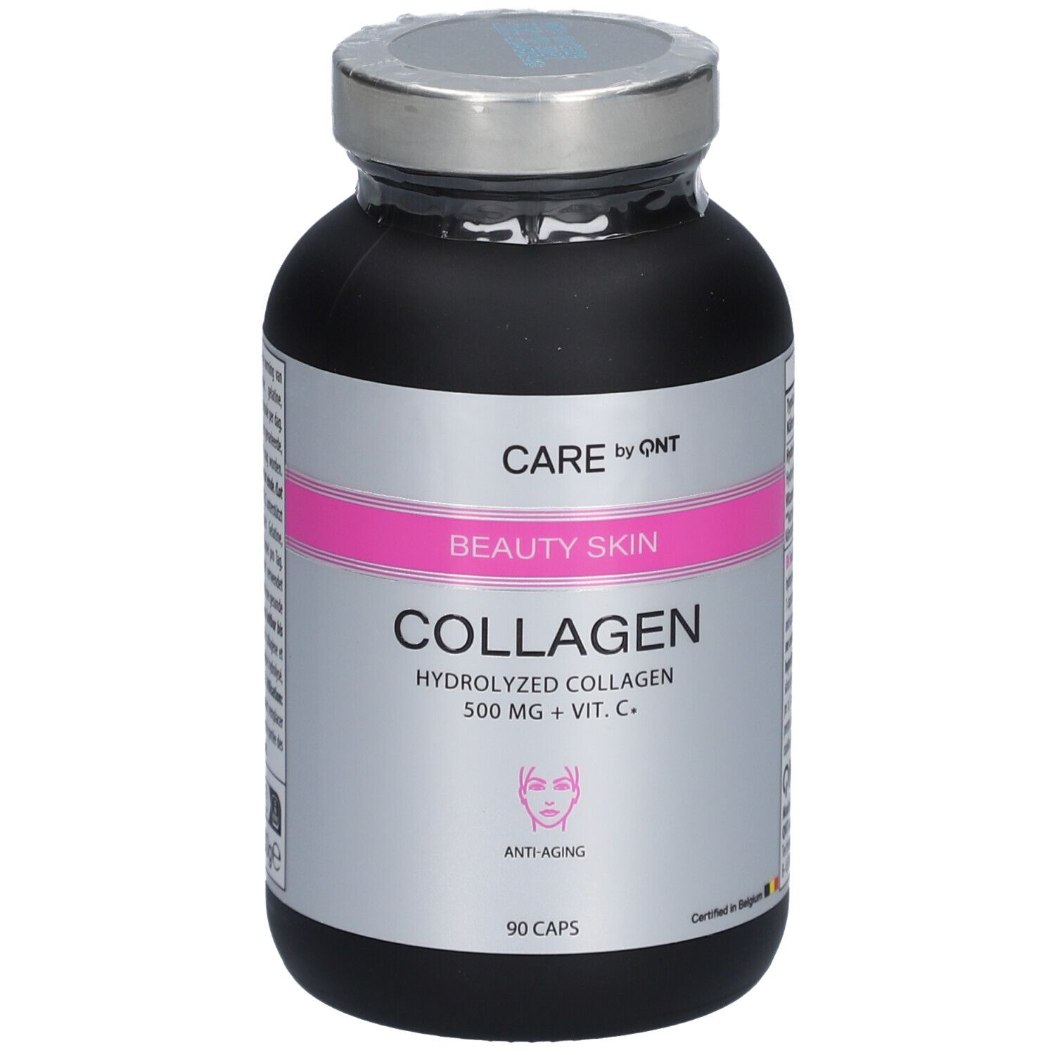 Flacon noir avec bouchon argenté. Capsules CARE by QNT Beauty Skin Collagène. Contient 90 capsules. Formule anti-âge.