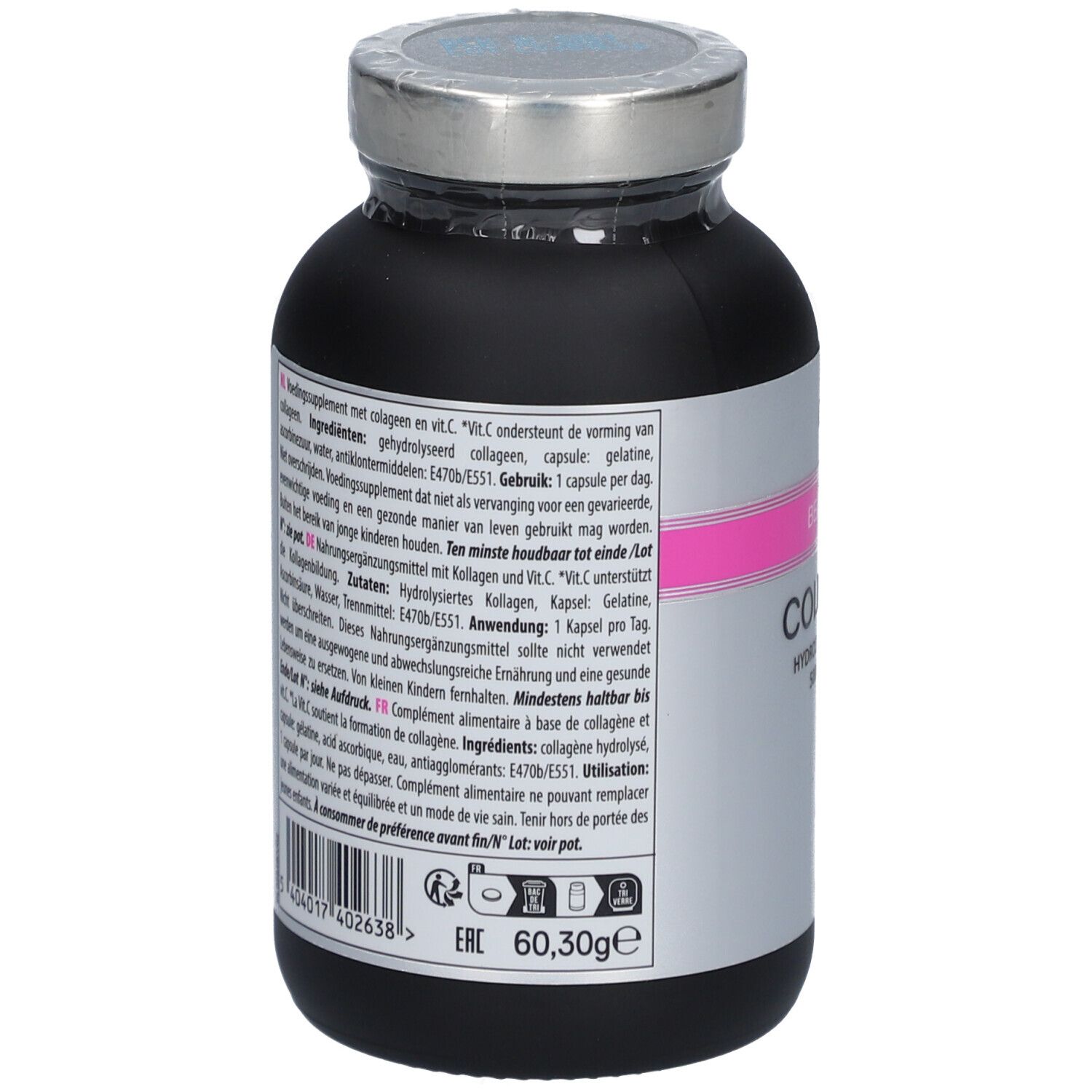 Dos du flacon CARE by QNT Beauty Skin Collagène. Contient des informations sur les ingrédients et l'utilisation. 60,30g.