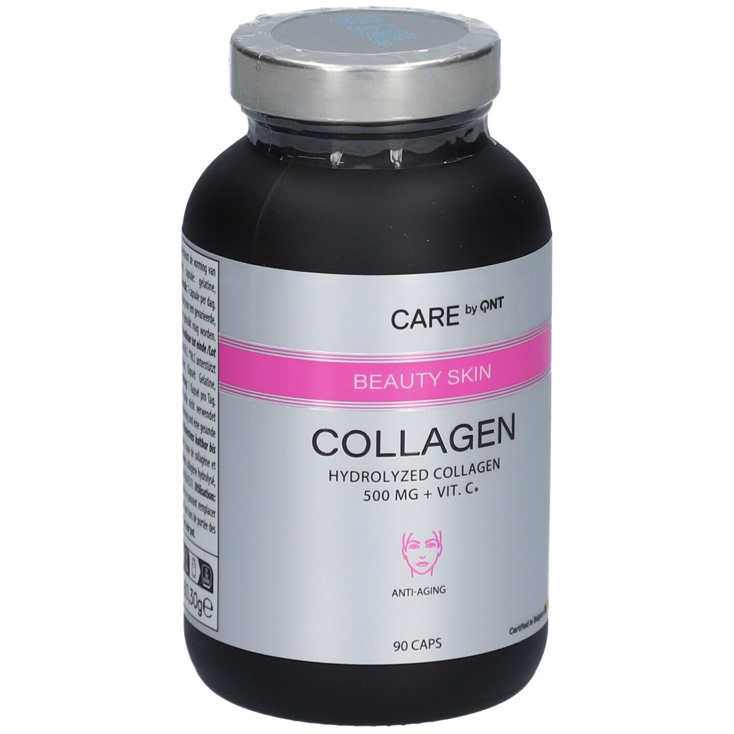 Flacon noir avec bouchon argenté. Capsules CARE by QNT Beauty Skin Collagène. Contient 90 capsules. Formule anti-âge.