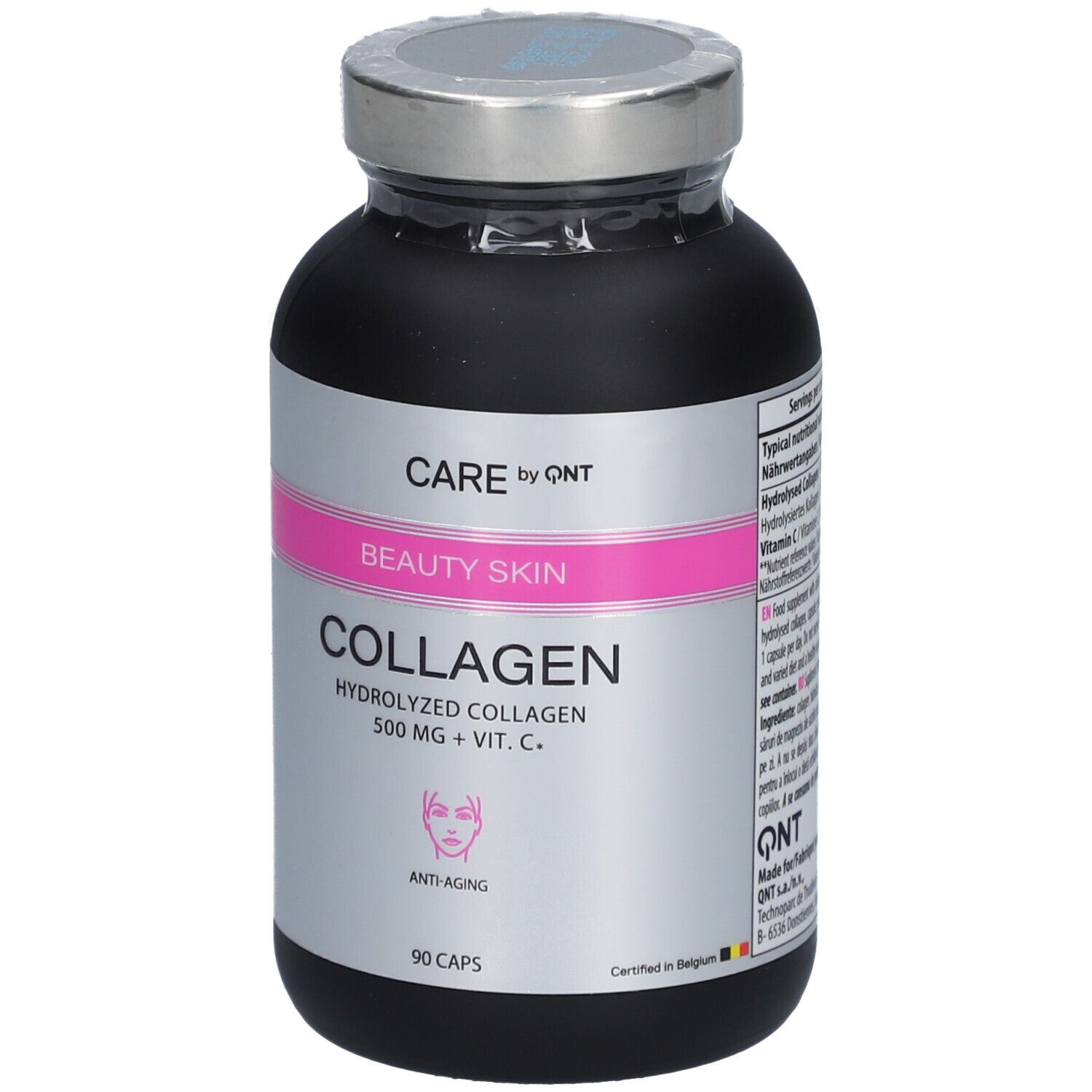 Flacon noir avec bouchon argenté. Capsules CARE by QNT Beauty Skin Collagène. Contient 90 capsules. Formule anti-âge.