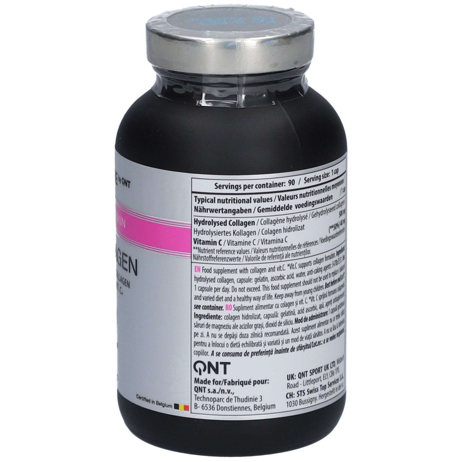 Dos du flacon CARE by QNT Beauty Skin Collagène. Contient des informations nutritionnelles et fabricant.