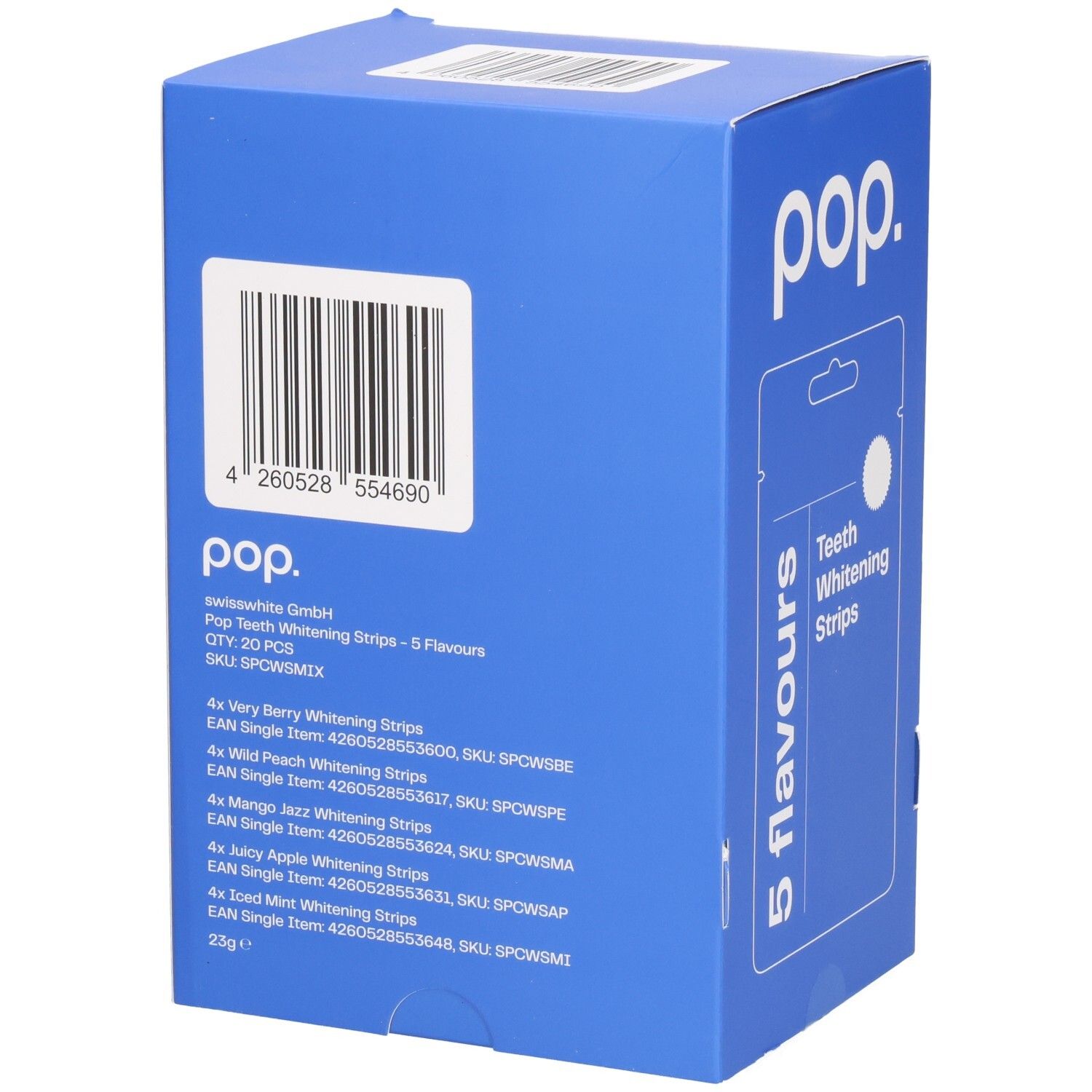 Blaue Schachtel mit Pop-Logo. Enthält Zahnaufhellungsstreifen mit 5 Geschmacksrichtungen. Barcode und Produktinformationen.