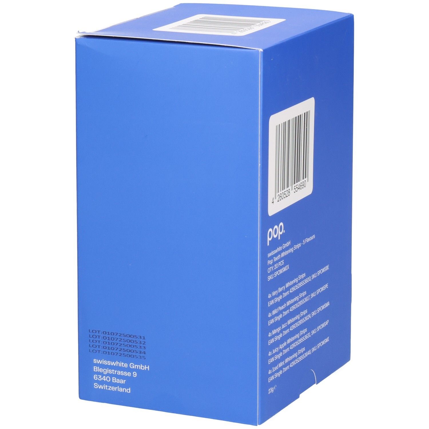 Blaue Schachtel mit Pop-Logo. Enthält Zahnaufhellungsstreifen. Barcode und Produktinformationen. Herstelleradresse.