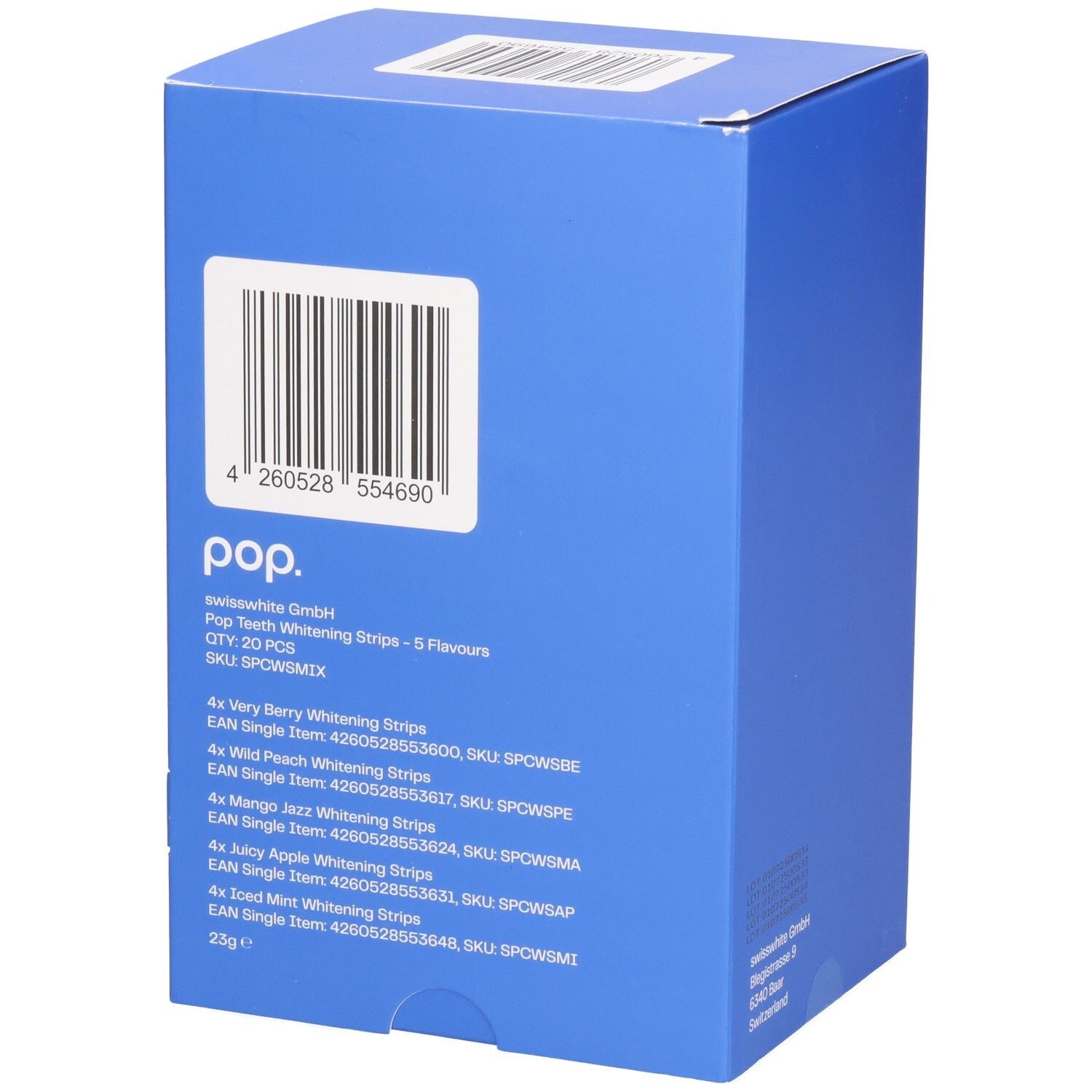 Blaue Schachtel mit Pop-Logo. Enthält Zahnaufhellungsstreifen mit 5 Geschmacksrichtungen. Barcode und Produktinformationen.