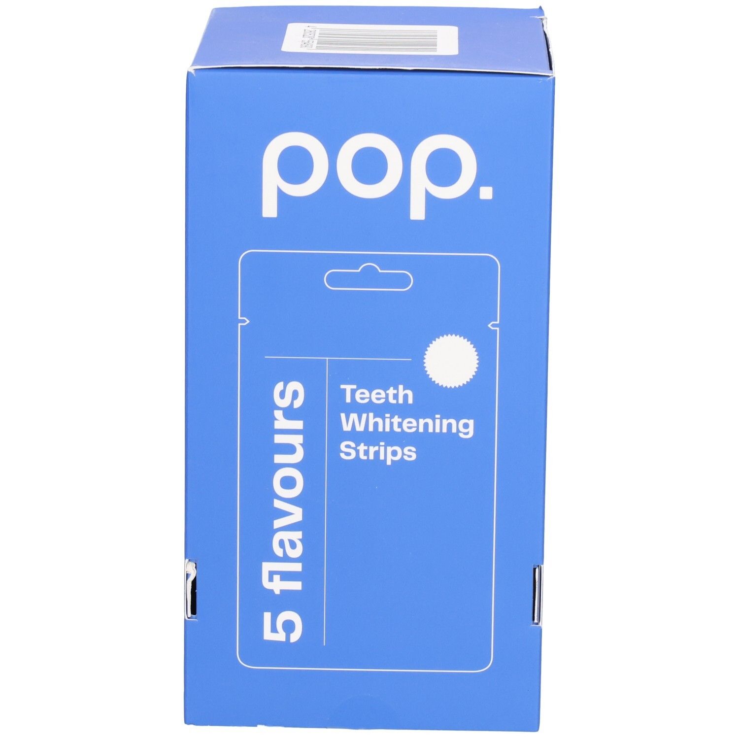 Blaue Schachtel mit Pop-Logo und 5 Geschmacksrichtungen. Enthält Zahnaufhellungsstreifen. Barcode und Produktinformationen.