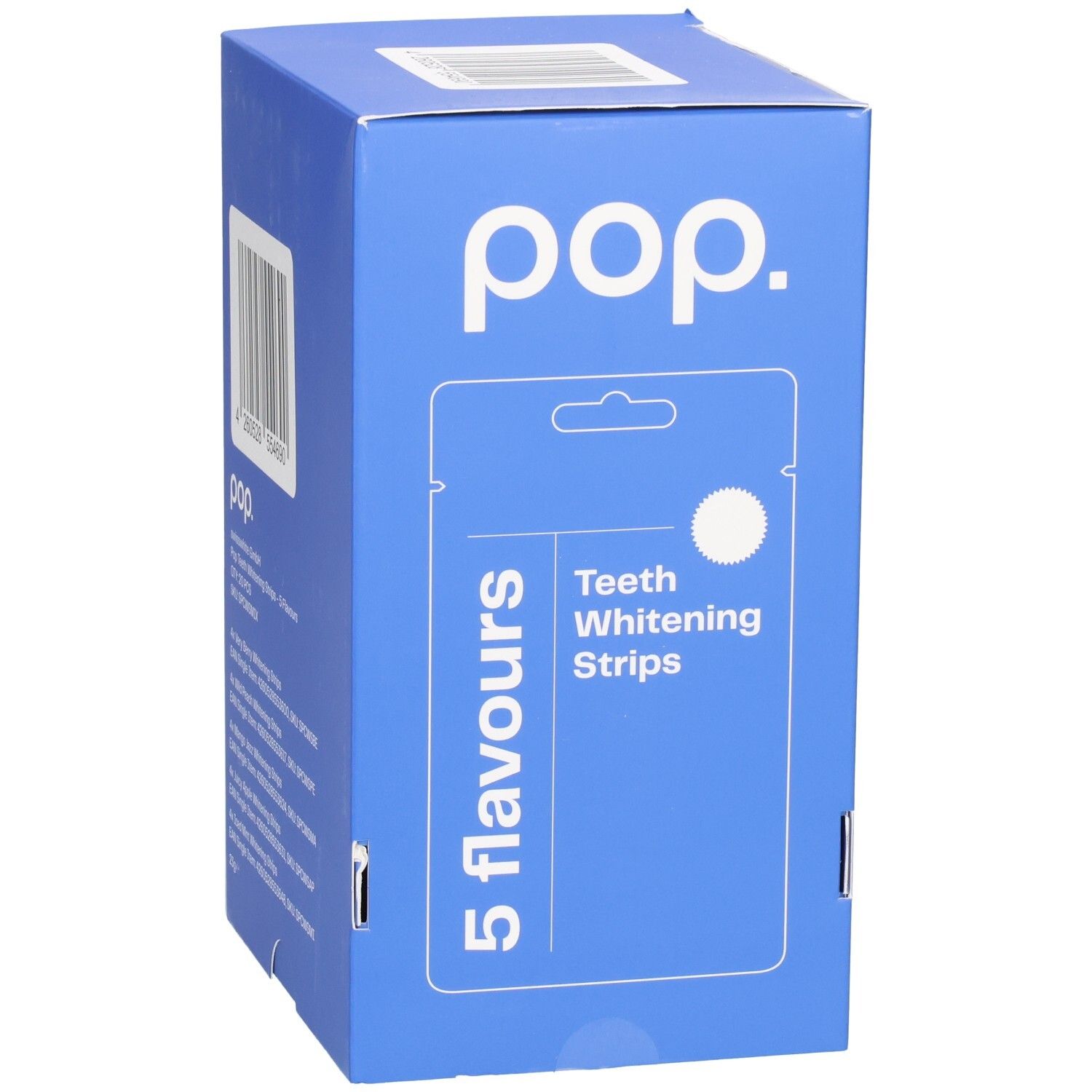 Blaue Schachtel mit Pop-Logo und 5 Geschmacksrichtungen. Enthält Zahnaufhellungsstreifen. Barcode und Produktinformationen.