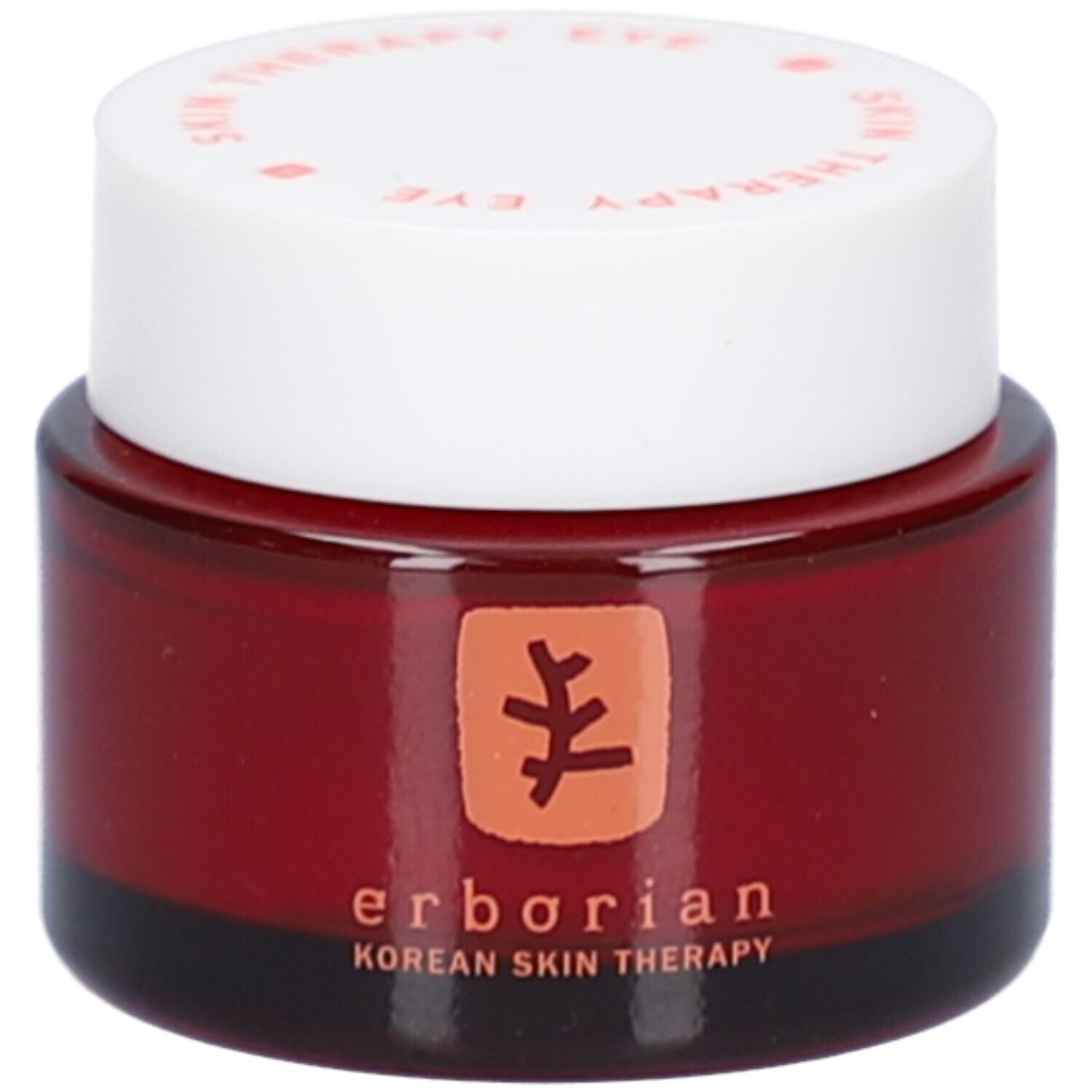 Rotes Glas mit weißem Deckel. Auf dem Deckel steht "SKIN THERAPY EYE". Auf dem Glas steht "erborian" und ein Logo.