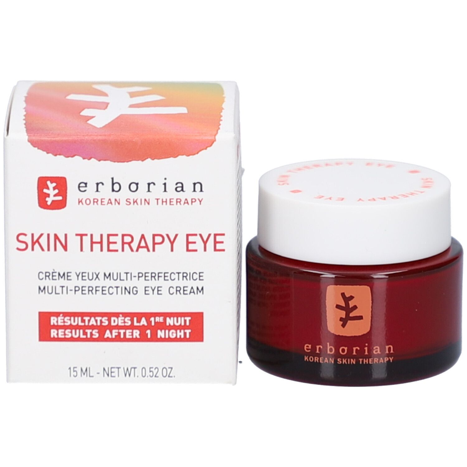 Produkt und Verpackung. Weiße Schachtel mit Produkt. Auf der Schachtel steht "SKIN THERAPY EYE". Auf dem Produkt steht "erborian".